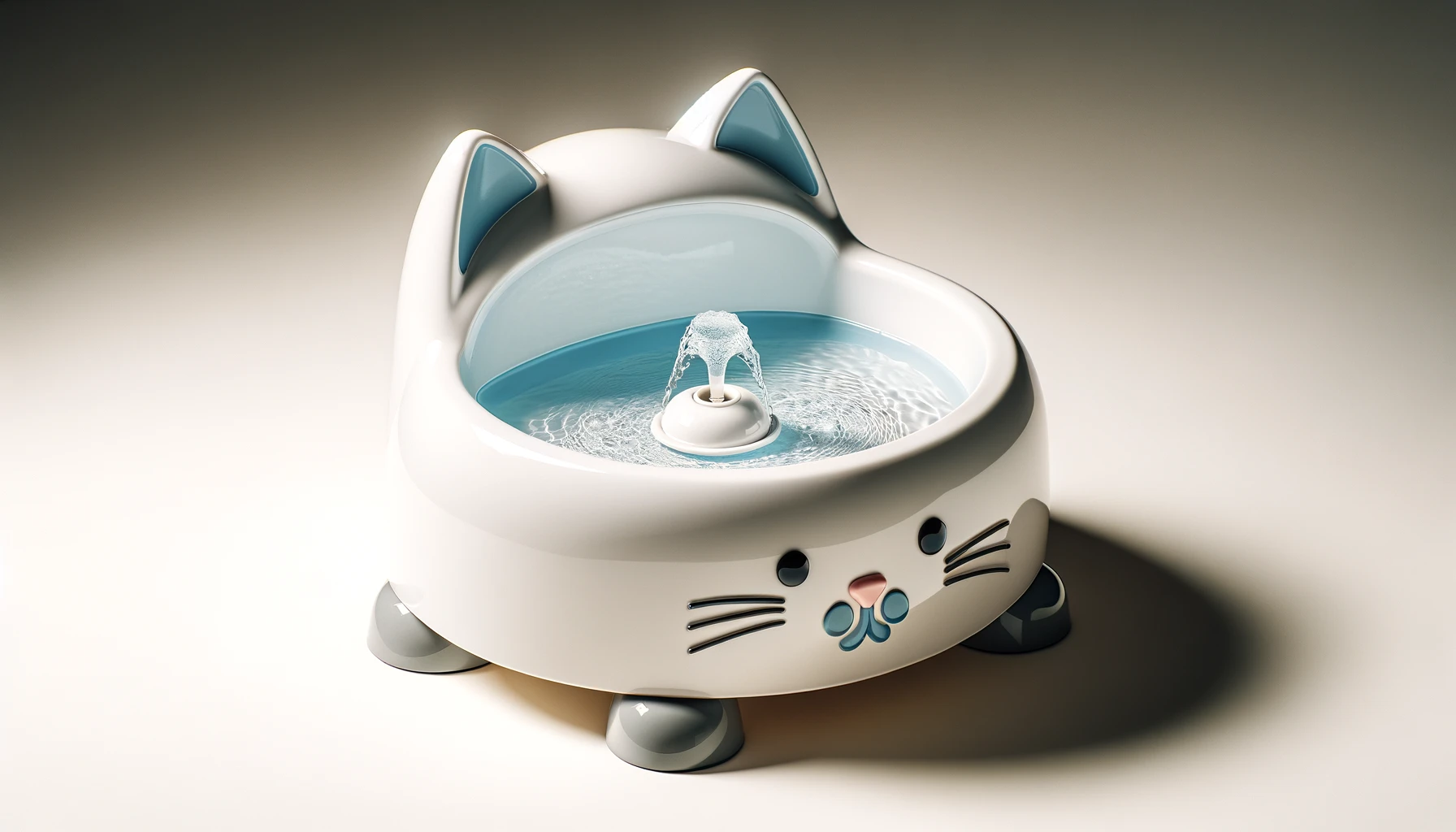 DALL·E-2024-02-23-09.27.40-A-photograph-style-image-of-a-whimsical-cat-shaped-water-fountain-for-pets.-The-fountain-is-made-of-glossy-white-plastic-and-has-a-playful-design-with