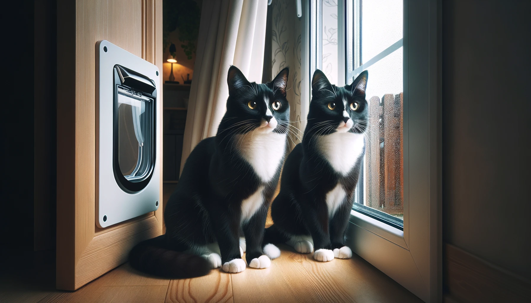 DALL·E-2024-02-23-09.31.46-A-photograph-style-image-of-two-identical-black-and-white-tuxedo-cats-standing-next-to-each-other-and-looking-out-a-window.-The-cats-have-sleek-black-