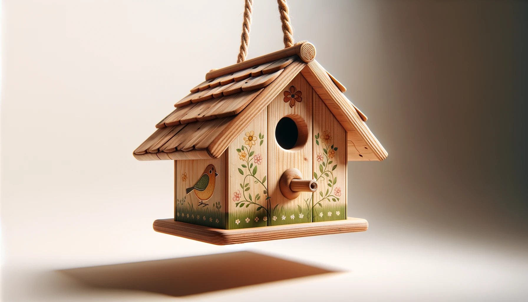 DALL·E-2024-02-23-09.57.29-A-photograph-style-image-of-a-charming-birdhouse-hanging-from-a-rope.-The-birdhouse-has-a-natural-wood-finish-with-a-light-brown-color-and-a-pitched-r