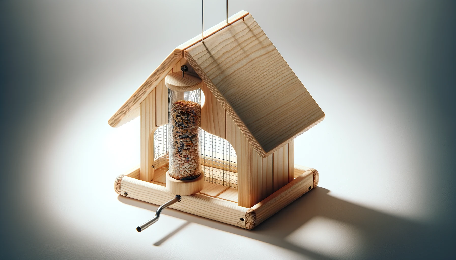 DALL·E-2024-02-23-10.02.22-A-photograph-style-image-of-a-wooden-bird-feeder-designed-as-a-small-house.-The-feeder-has-a-light-yellow-roof-and-natural-wood-walls.-A-wire-mesh-foo