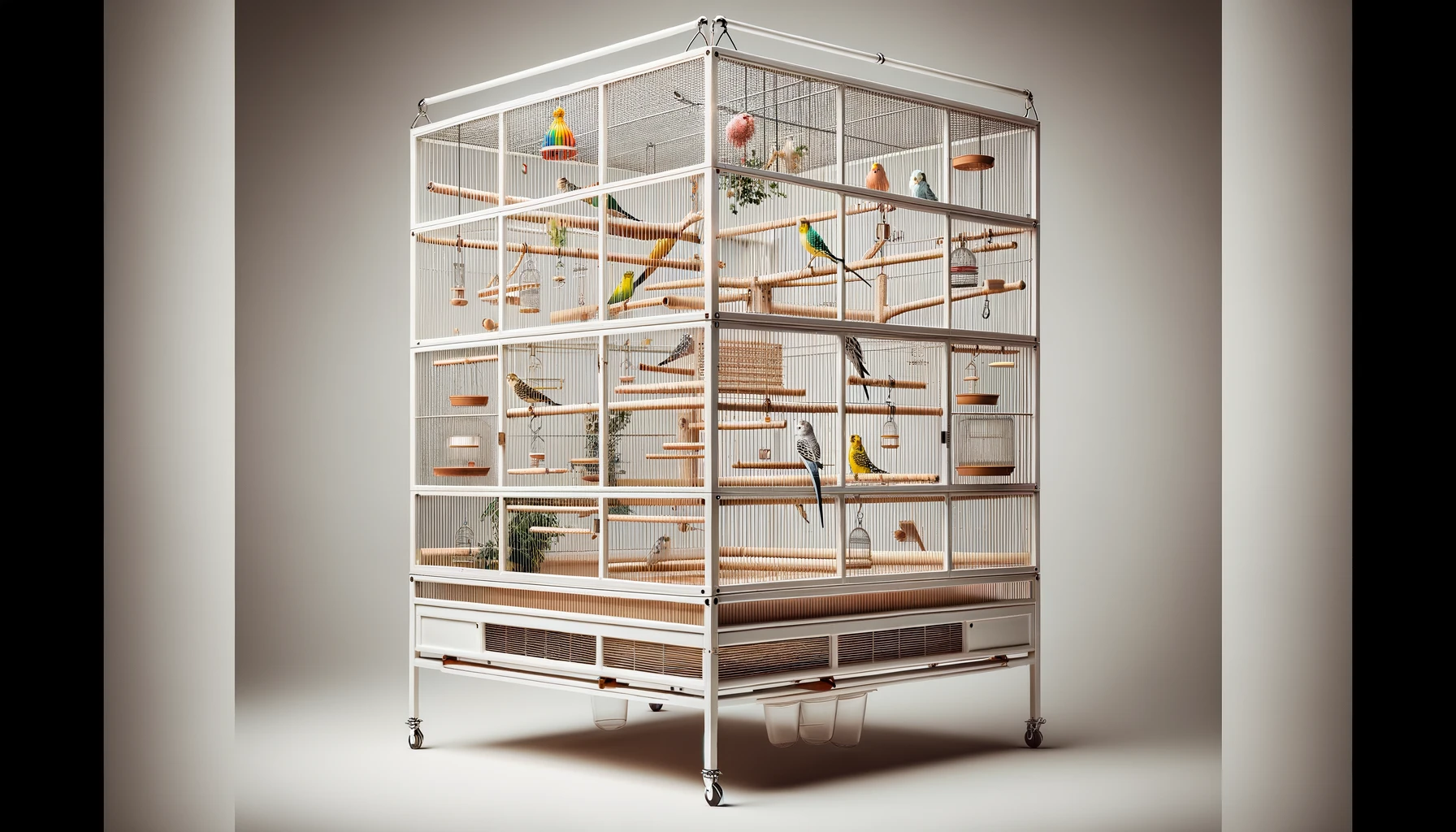 DALL·E-2024-02-23-10.06.31-A-photograph-style-image-of-a-large-rectangular-birdcage-with-a-white-wooden-frame-and-stainless-steel-bars.-The-cage-has-multiple-perches-made-from-n