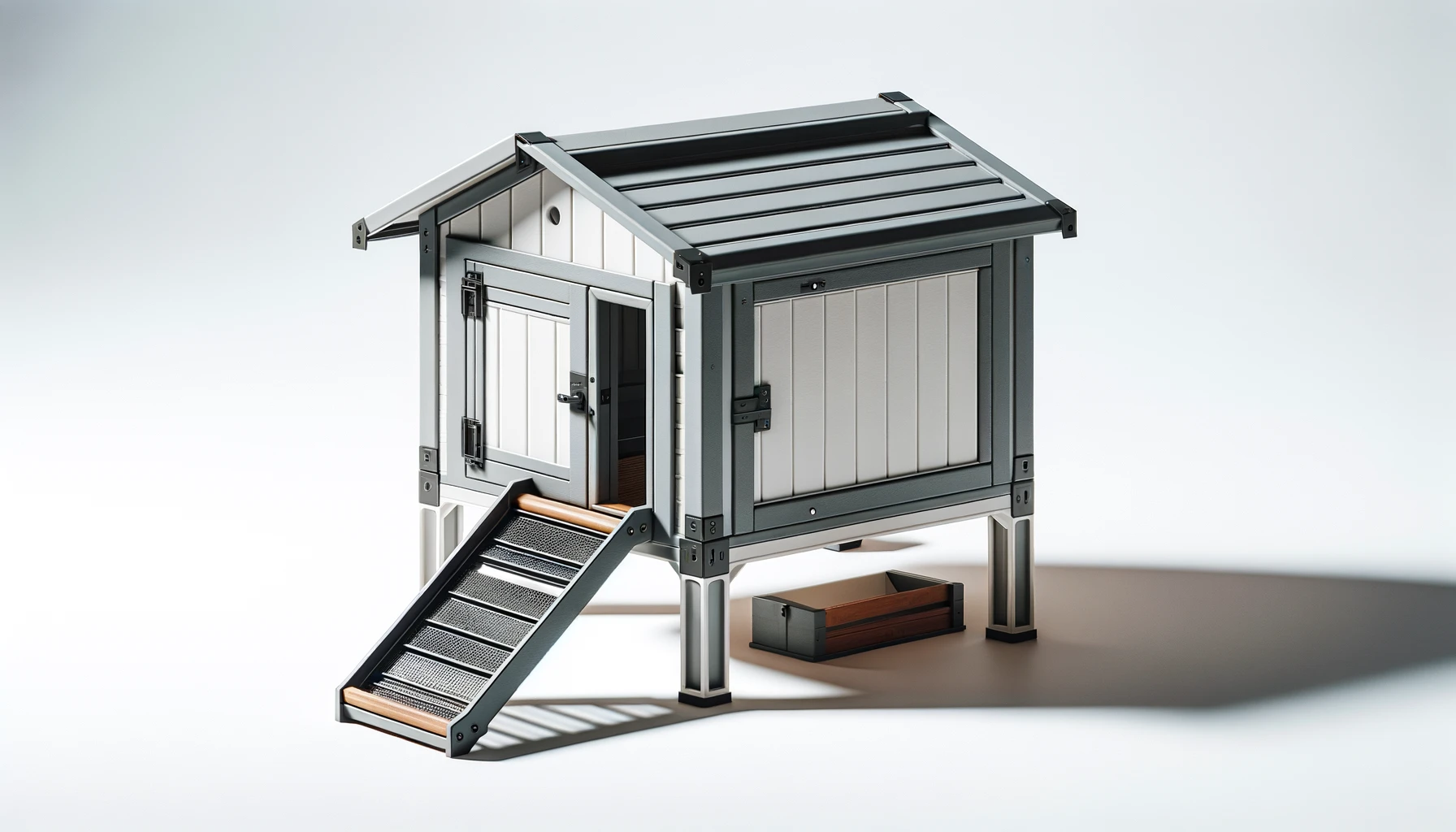 DALL·E-2024-02-23-10.12.11-A-photograph-style-image-of-a-modern-chicken-coop-made-of-durable-gray-and-white-materials.-The-coop-has-a-slanted-roof-and-is-elevated-off-the-ground