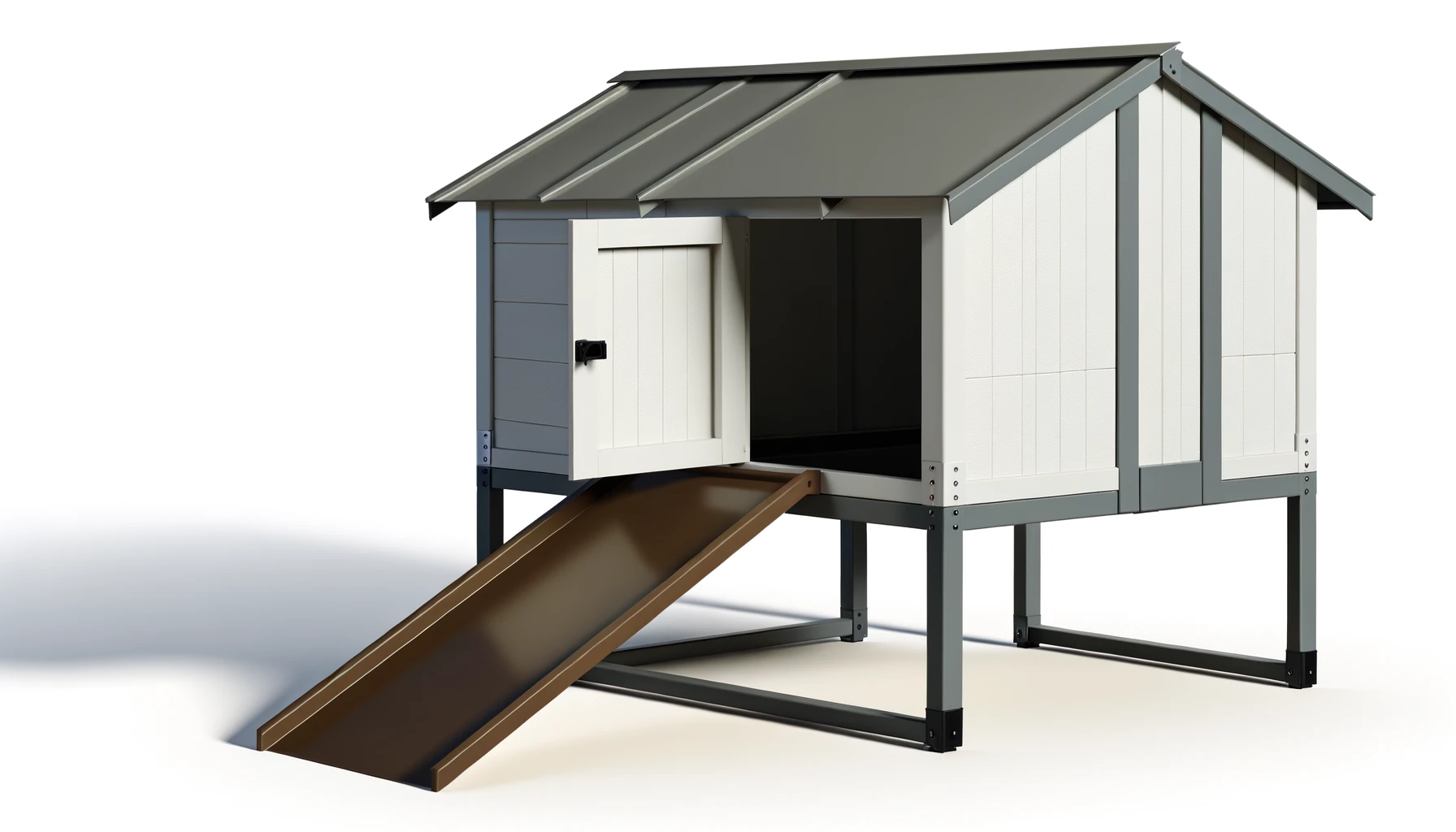 DALL·E-2024-02-23-10.42.06-A-photograph-style-image-of-a-modern-chicken-coop-made-of-durable-gray-and-white-materials.-The-coop-has-a-slanted-roof-and-is-elevated-off-the-ground