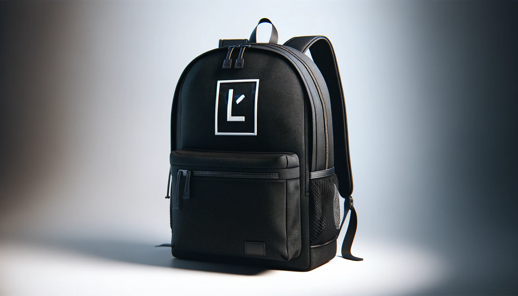 DALL·E-2024-02-23-15.04.41-Image-of-a-black-backpack-with-a-large-white-logo-prominently-displayed-on-the-front-pocket.-The-backpack-features-a-zippered-main-compartment-with-a-