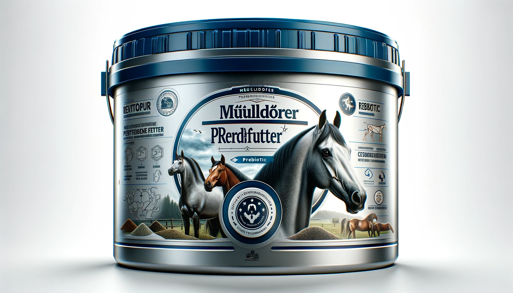 DALL·E-2024-02-23-15.26.30-A-photograph-style-image-of-a-plastic-container-of-horse-feed-with-the-brand-Muhldorfer-Pferdefutter.-The-container-is-robust-with-a-metallic-silver