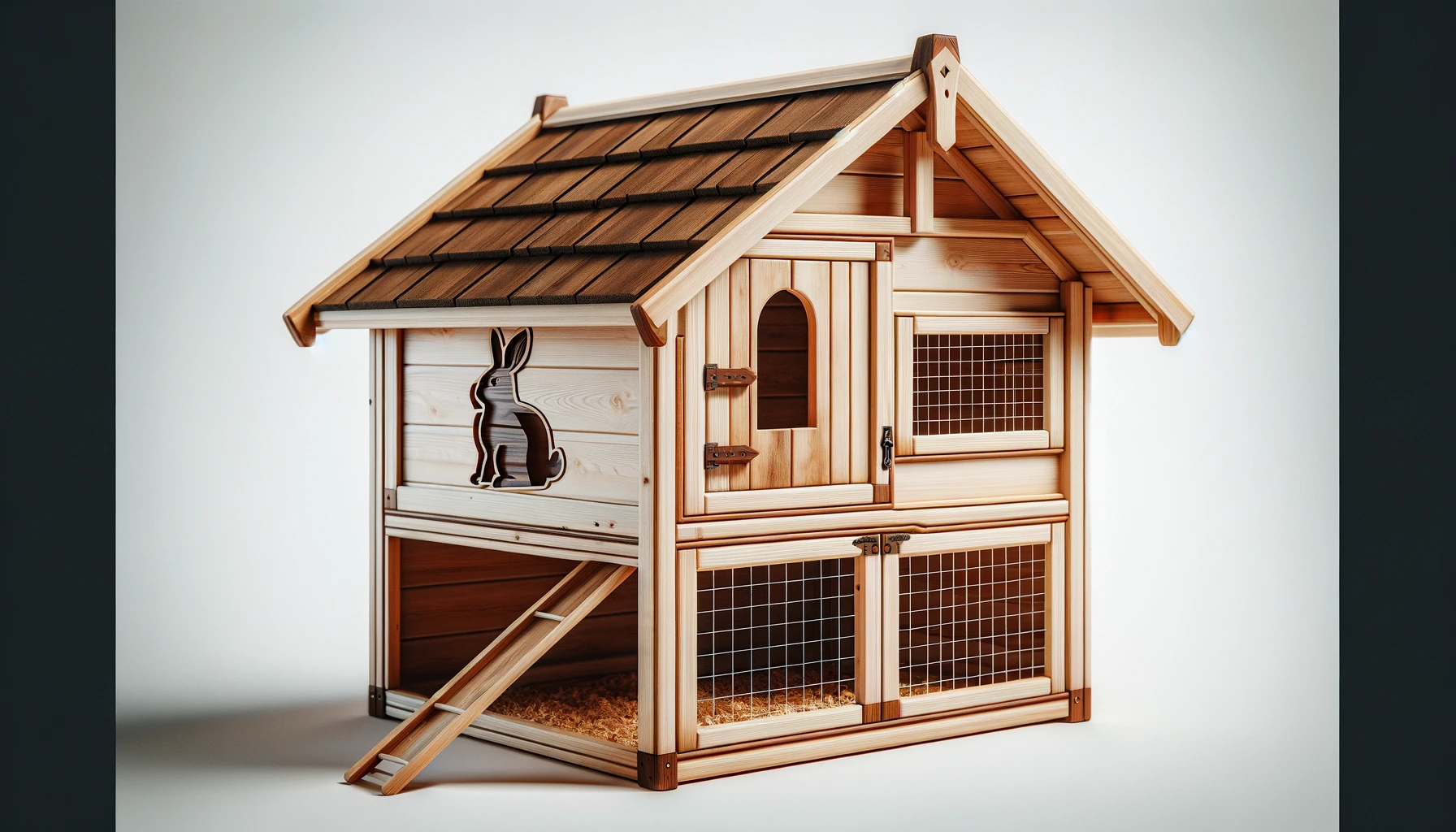 DALL·E-2024-02-23-15.40.54-A-photograph-style-image-of-a-two-story-wooden-rabbit-hutch.-The-hutch-features-a-natural-wood-finish-with-a-gabled-shingled-roof-in-dark-brown.-The-