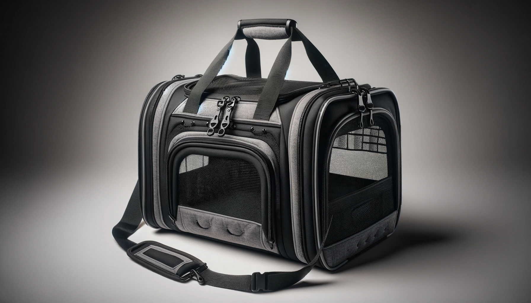 DALL·E-2024-02-23-15.50.38-A-photograph-style-image-of-a-portable-pet-carrier-designed-for-small-to-medium-sized-animals.-The-carrier-is-made-from-durable-black-fabric-with-grey
