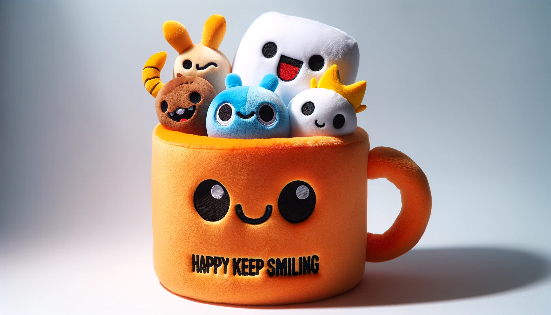 DALL·E-2024-02-23-16.27.26-A-photograph-style-image-of-a-plush-toy-set.-The-set-includes-a-plush-mug-in-a-vibrant-orange-color-with-a-happy-face-and-the-phrase-Happy-keep-smili
