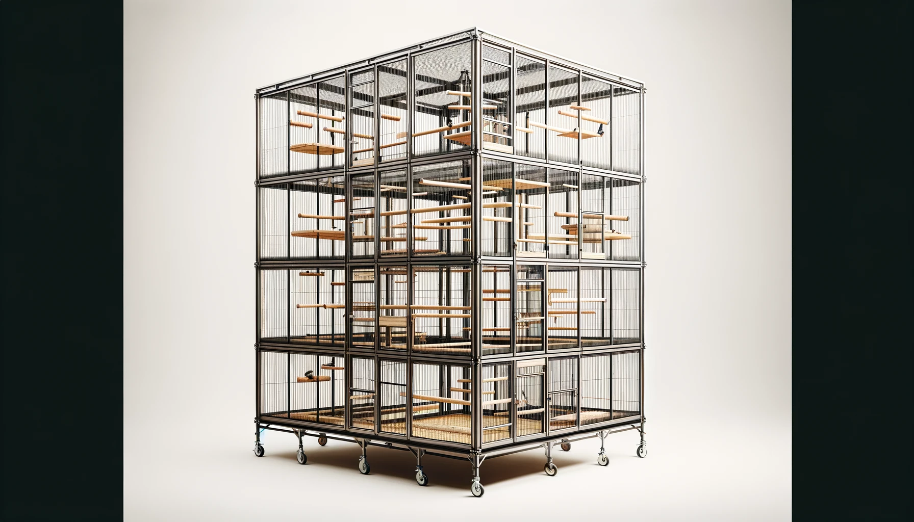 DALL·E-2024-02-23-16.36.19-A-photograph-style-image-of-a-large-multi-level-aviary-birdcage.-The-cage-is-constructed-with-a-sleek-metallic-frame-and-black-vertical-bars.-Its-e