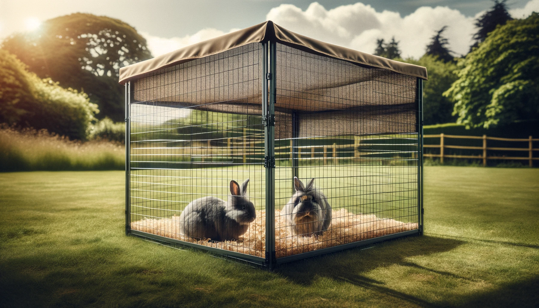 DALL·E-2024-02-23-16.54.34-A-photograph-style-image-of-an-outdoor-pet-enclosure-on-a-grassy-field.-The-enclosure-is-made-of-metal-wire-panels-forming-a-large-rectangle-with-a-h