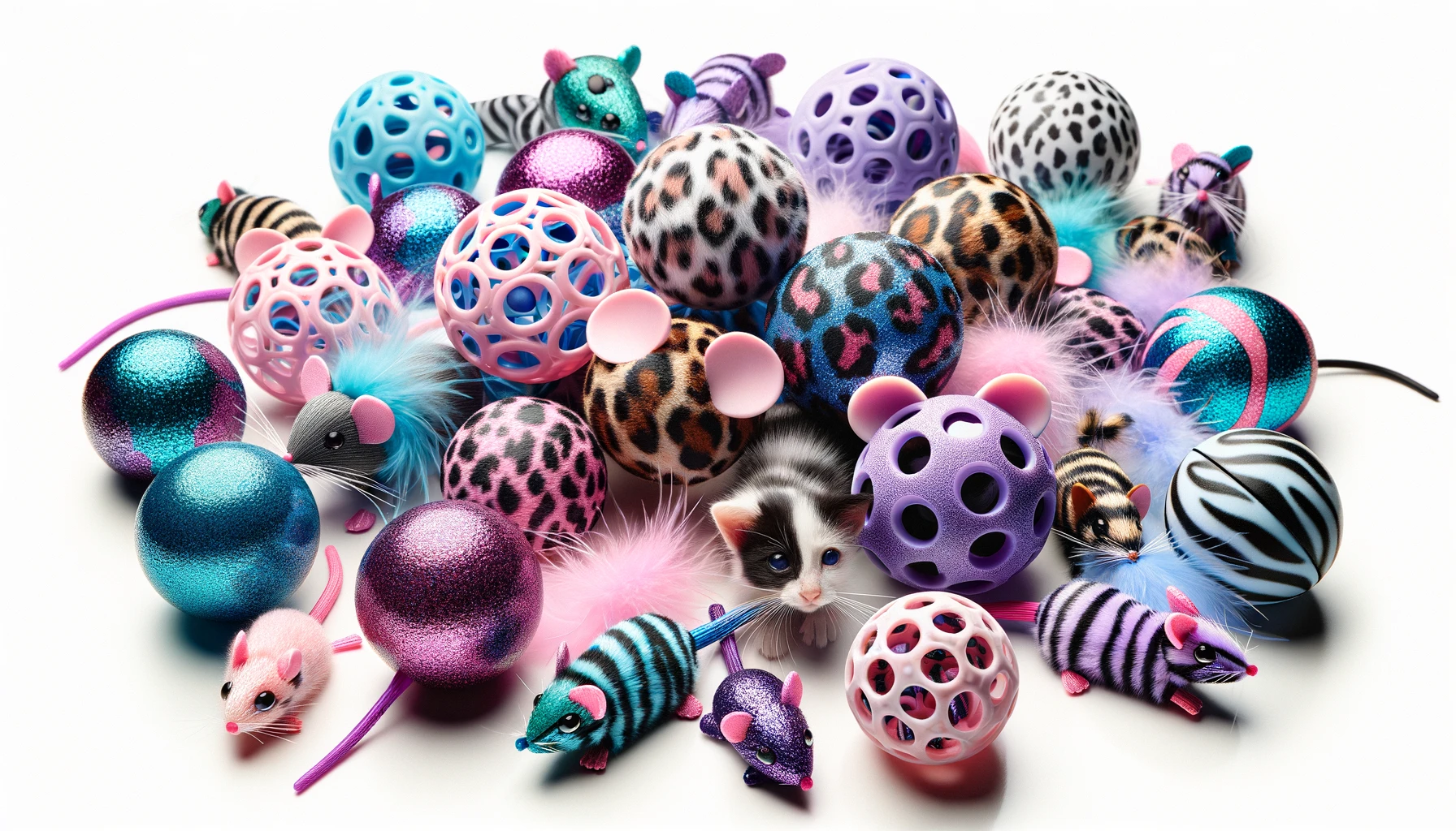 DALL·E-2024-02-23-17.06.15-A-photograph-style-image-of-a-collection-of-cat-toys-scattered-across-a-white-background.-The-assortment-includes-various-balls-with-leopard-prints-s
