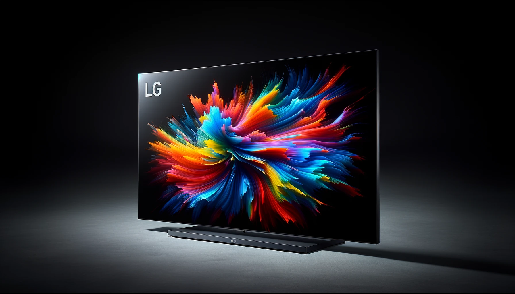 DALL·E-2024-02-26-09.19.37-A-photograph-style-image-of-a-modern-OLED-television-by-LG.-The-TV-has-an-ultra-thin-design-with-a-sleek-black-frame-and-a-vibrant-colorful-display-s