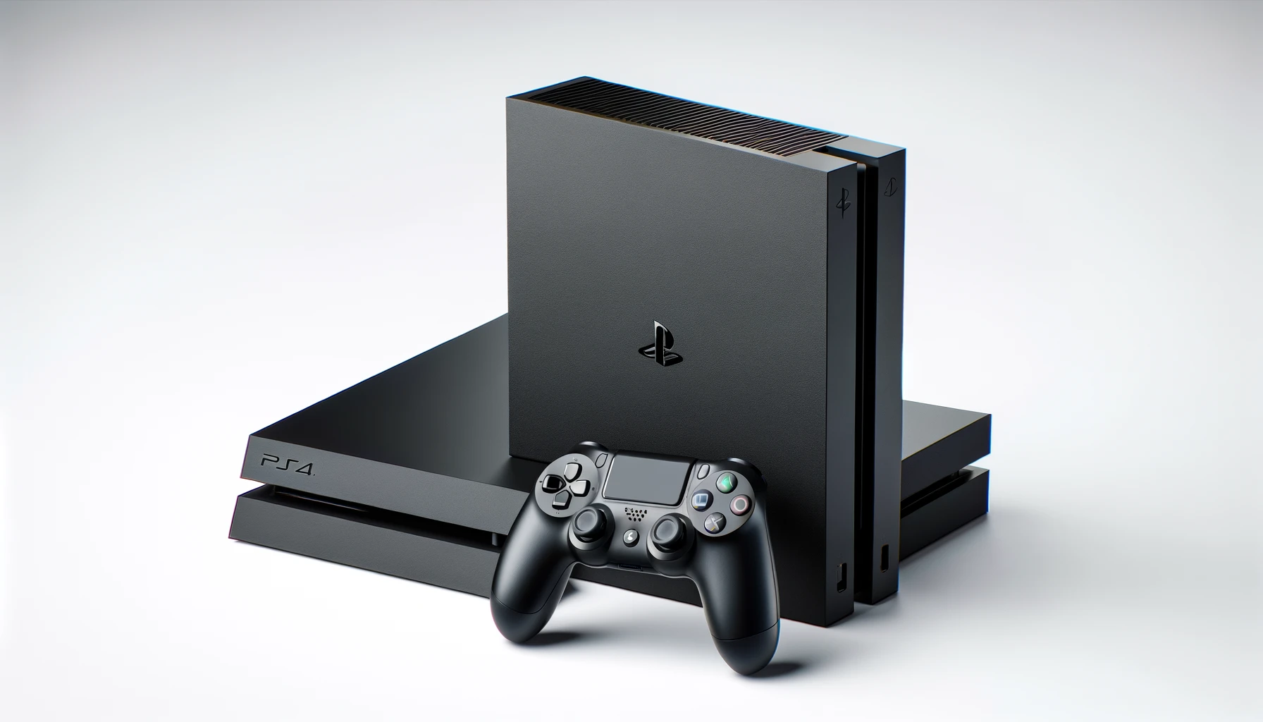 DALL·E-2024-02-26-10.12.05-A-high-quality-photo-of-a-black-modern-gaming-console-with-a-vertical-orientation-next-to-its-black-wireless-controller.-The-console-has-a-rectangular