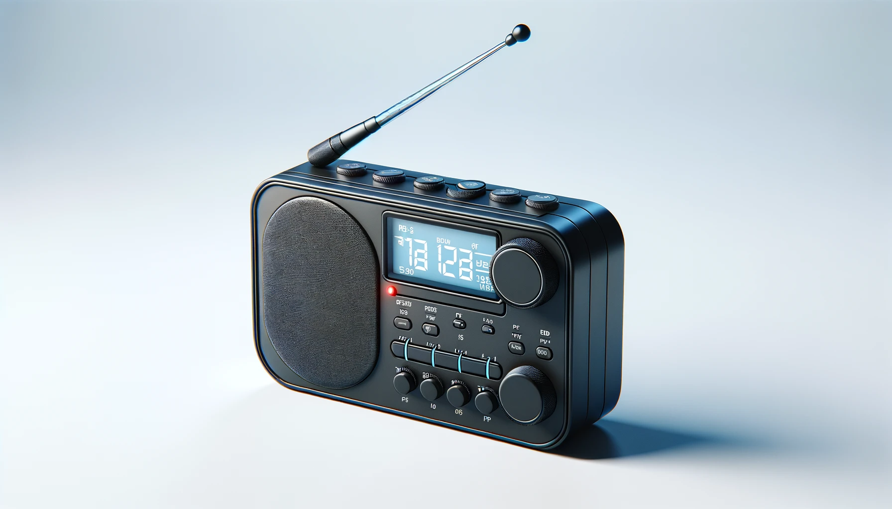 DALL·E-2024-02-26-10.18.00-A-high-quality-image-of-a-modern-black-portable-radio-with-an-extended-antenna-on-the-top-right.-The-radio-has-a-digital-display-on-the-front-showing