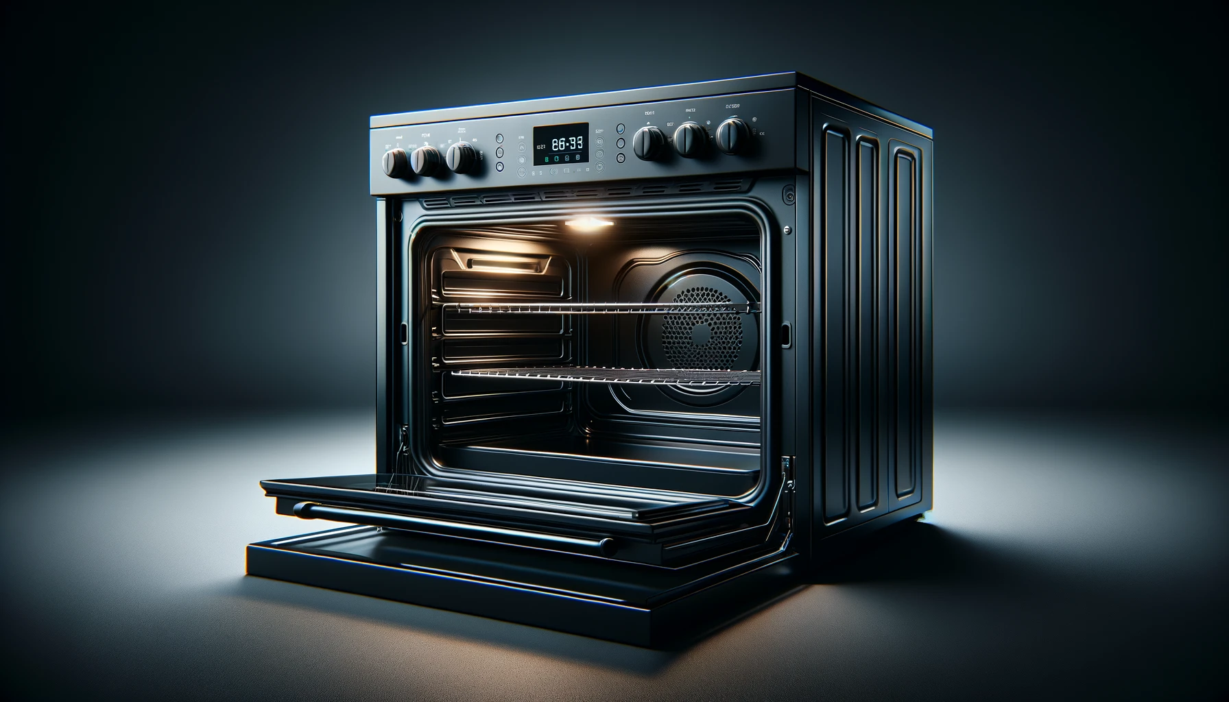 DALL·E-2024-02-26-14.30.15-Create-a-high-definition-image-of-a-modern-black-oven-with-the-door-open.-Inside-there-should-be-two-racks-and-the-interior-should-appear-clean-and-s