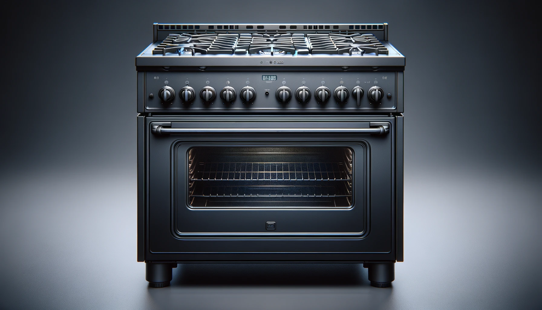 DALL·E-2024-02-26-15.59.55-A-front-view-of-a-free-standing-kitchen-gas-range-with-an-oven.-The-range-has-a-matte-black-finish-with-a-stovetop-that-has-multiple-gas-burners-with-