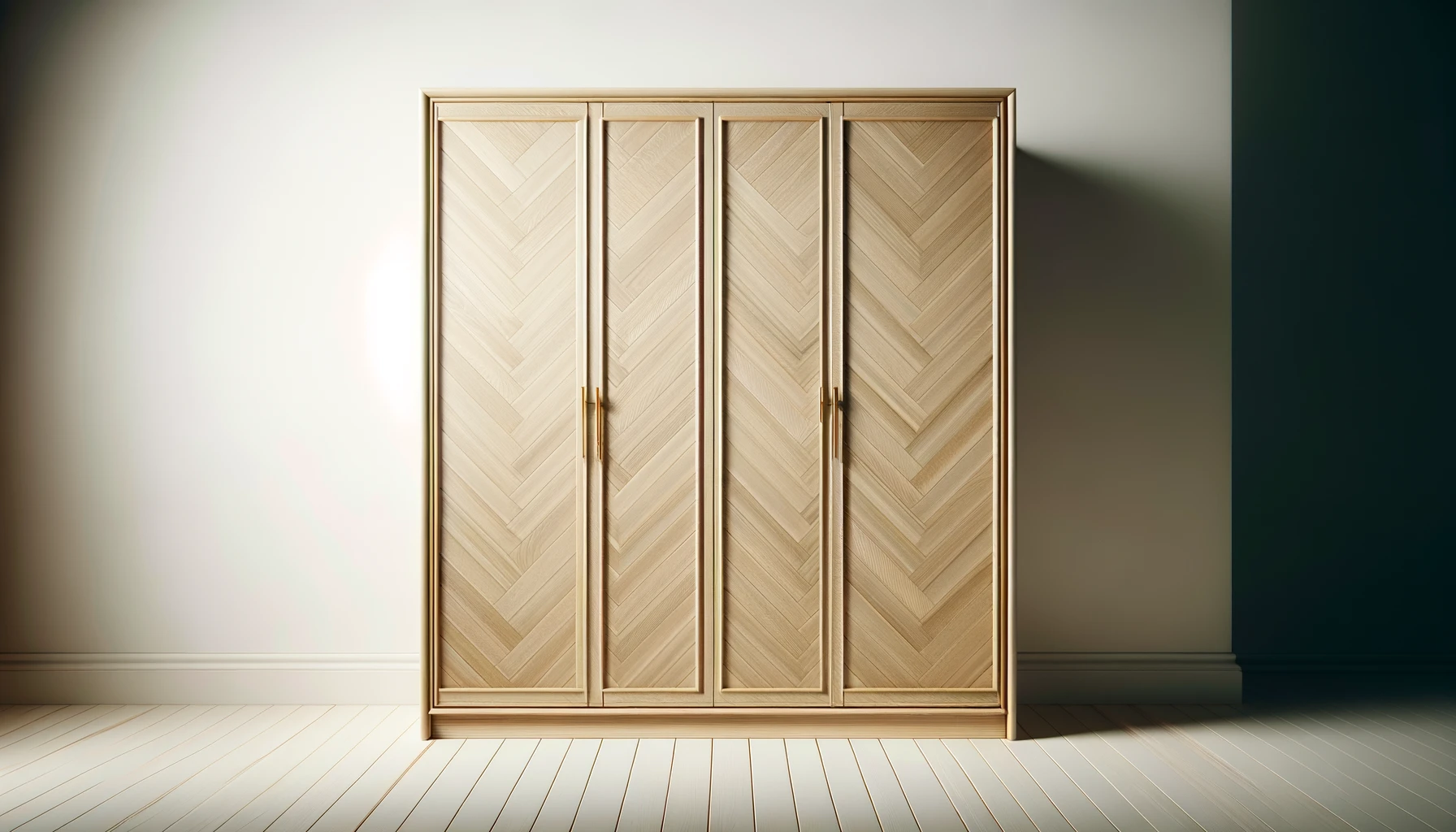 DALL·E-2024-02-26-16.31.36-Image-of-an-elegant-three-door-wardrobe-with-a-herringbone-pattern-veneer-in-light-oak.-The-doors-have-subtle-handles-in-a-brushed-gold-finish-that-co