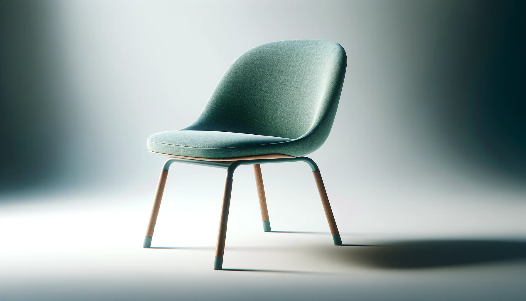 DALL·E-2024-02-26-16.36.22-Image-of-a-contemporary-chair-with-water-green-recycled-fabric-upholstery-and-metal-legs-with-an-oak-effect.-The-chair-has-a-smooth-curved-backrest-a