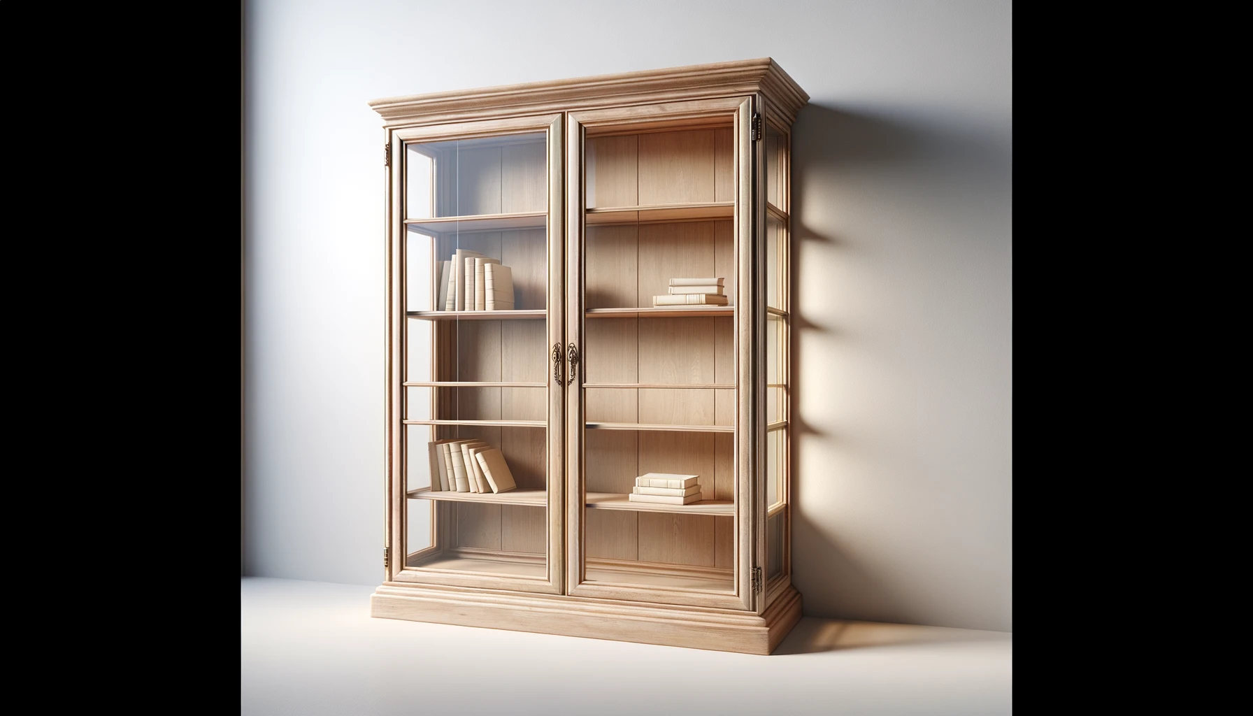 DALL·E-2024-02-26-16.57.56-Image-of-a-vintage-style-display-cabinet-with-two-glass-doors-and-a-natural-wood-frame.-The-cabinet-features-multiple-shelves-visible-through-the-glas