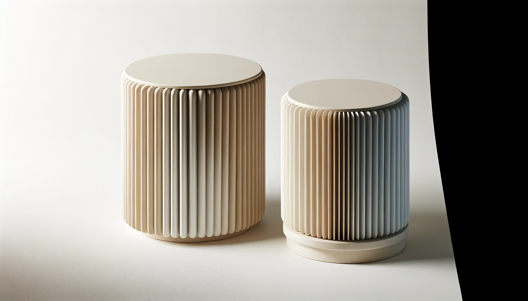 DALL·E-2024-02-26-17.05.44-Image-of-two-modern-side-tables-one-white-and-one-beige-with-a-cylindrical-shape-and-fluted-textures.-The-tables-have-round-tops-and-are-structured-