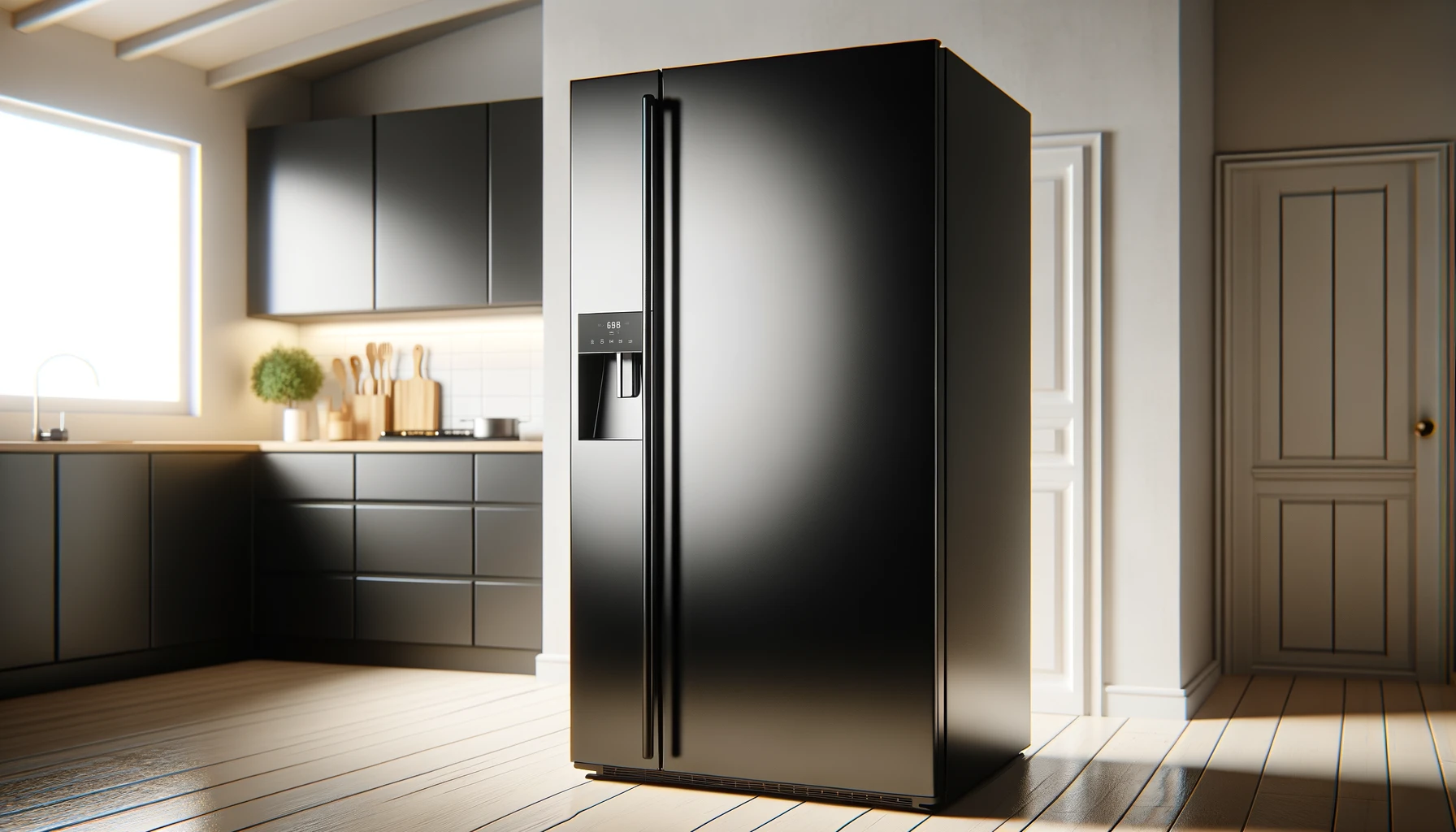 DALL·E-2024-02-27-09.40.03-Image-description_-A-tall-modern-black-refrigerator-with-a-glossy-finish.-The-fridge-has-a-two-door-design-with-a-larger-fridge-compartment-on-top-a