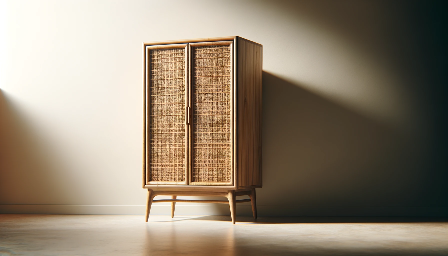 DALL·E-2024-02-27-12.12.43-Image-of-a-tall-storage-cabinet-with-one-door-featuring-a-natural-wood-finish-and-woven-rattan-front.-The-cabinet-stands-on-splayed-legs-and-offers-a
