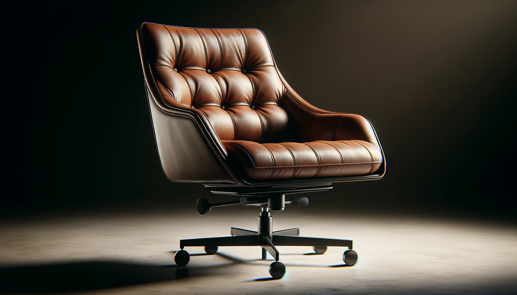 DALL·E-2024-02-27-12.46.46-Image-of-a-contemporary-adjustable-and-swivel-office-chair-with-a-brown-leather-effect-upholstery-and-a-black-metal-base.-The-chair-features-a-tufted-