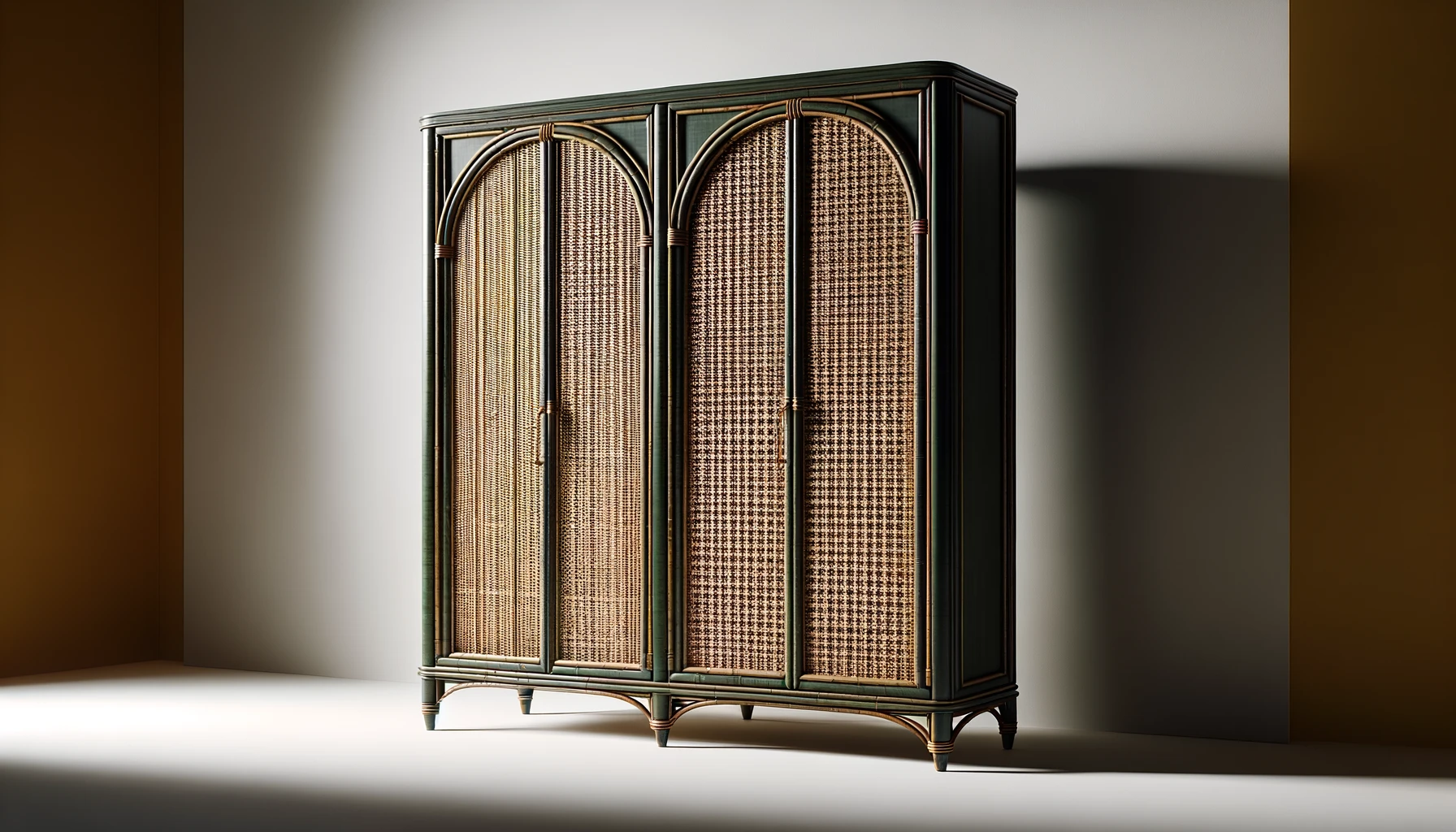 DALL·E-2024-02-27-13.15.15-Image-of-an-elegant-two-door-wardrobe-with-a-dark-green-frame-and-woven-rattan-panels.-The-wardrobe-stands-on-short-rounded-wooden-legs-and-features-