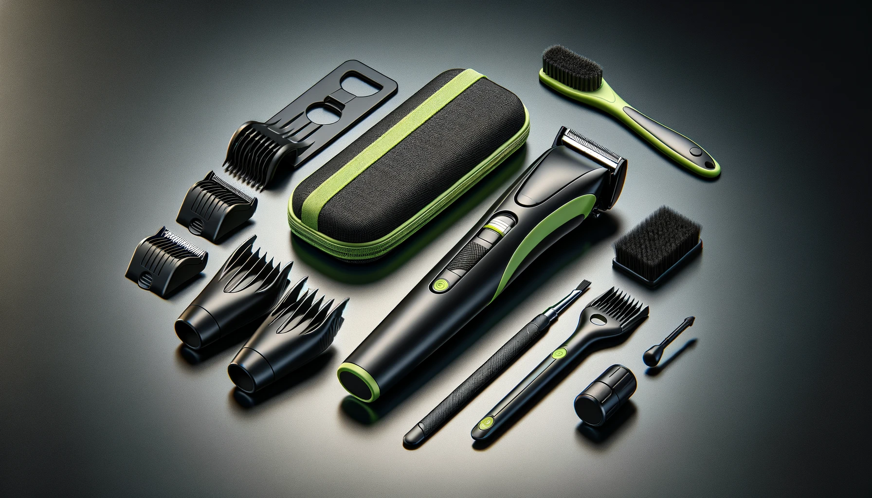 DALL·E-2024-02-27-13.43.36-Create-an-image-of-a-modern-grooming-kit-for-men.-The-kit-should-include-a-sleek-electric-trimmer-with-a-black-body-and-lime-green-accents.-The-set-sh