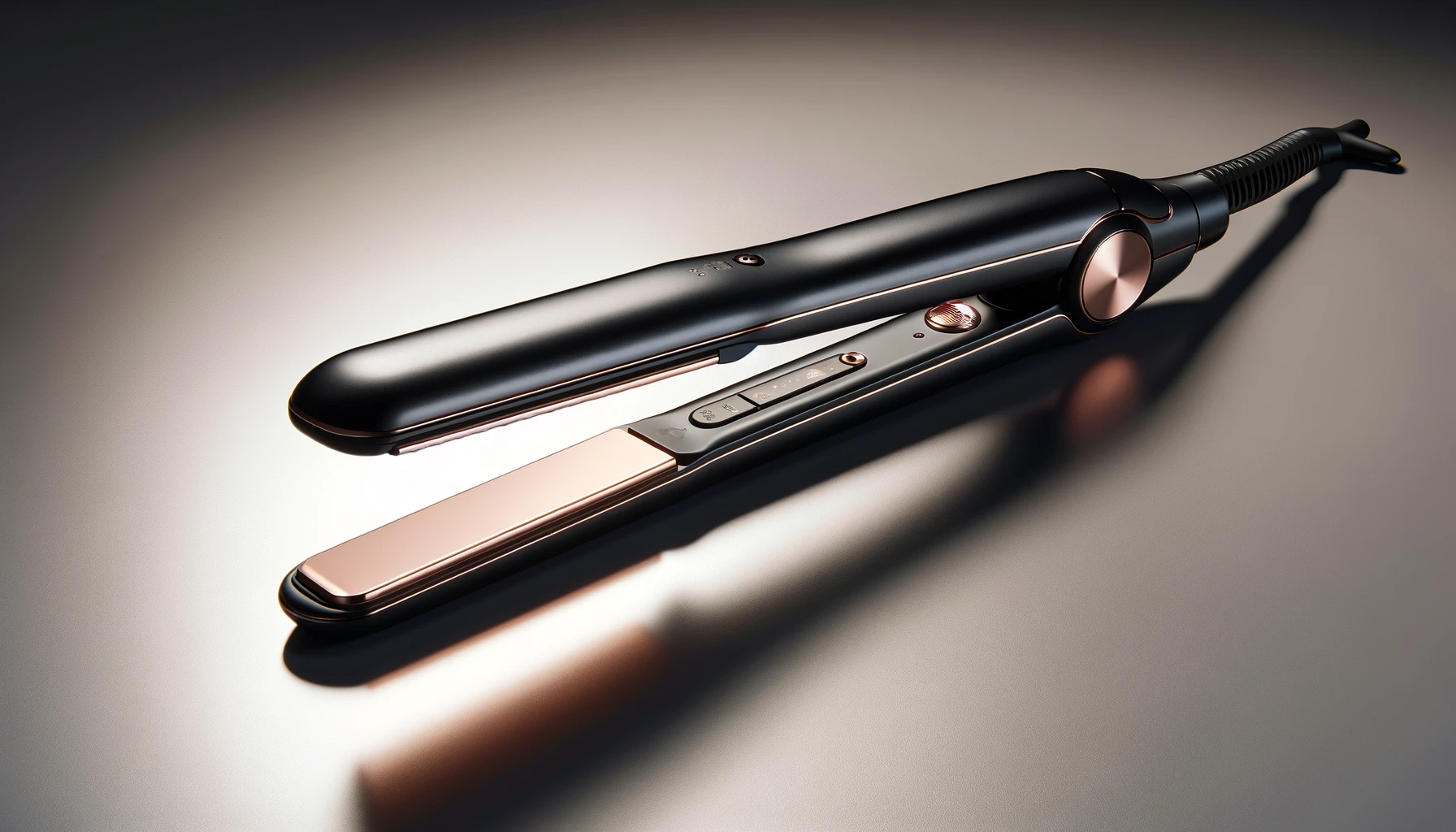 DALL·E-2024-02-27-13.50.04-Create-an-image-of-a-sleek-hair-straightener.-The-straightener-should-have-a-modern-design-with-a-glossy-black-body-and-rose-gold-accents.-It-should-f