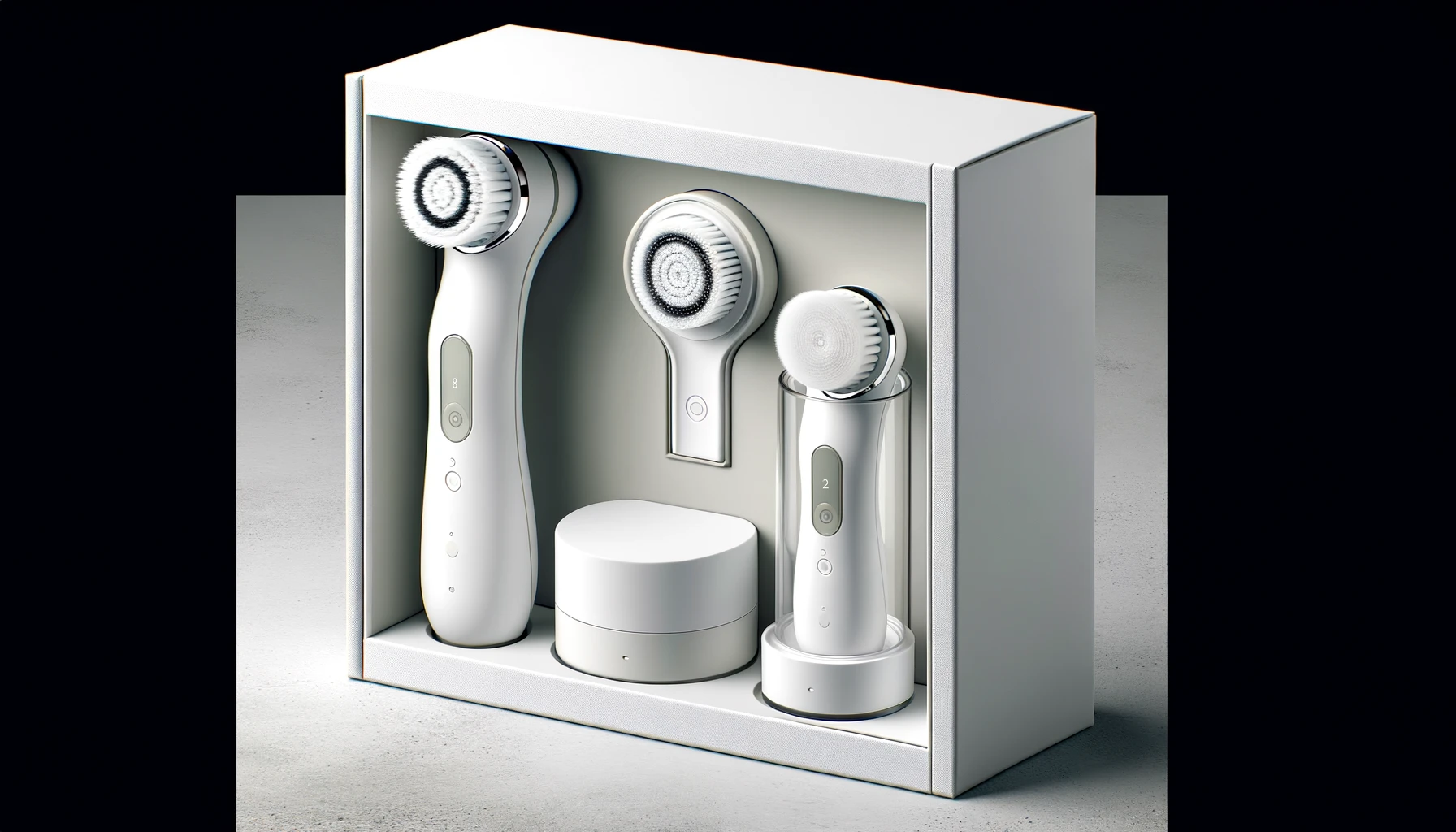 DALL·E-2024-02-27-13.57.32-Create-an-image-of-a-modern-facial-cleansing-brush-set.-The-set-should-include-a-handheld-electric-facial-brush-with-a-white-body-and-a-clean-elegant