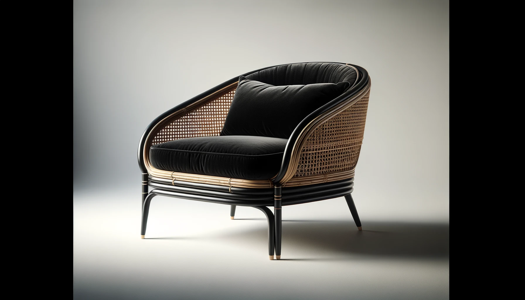 DALL·E-2024-02-27-14.20.40-Image-of-an-elegant-armchair-with-black-velvet-upholstery-and-rattan-cane-work-on-the-sides.-The-armchair-has-a-modern-curved-design-with-a-comfortabl