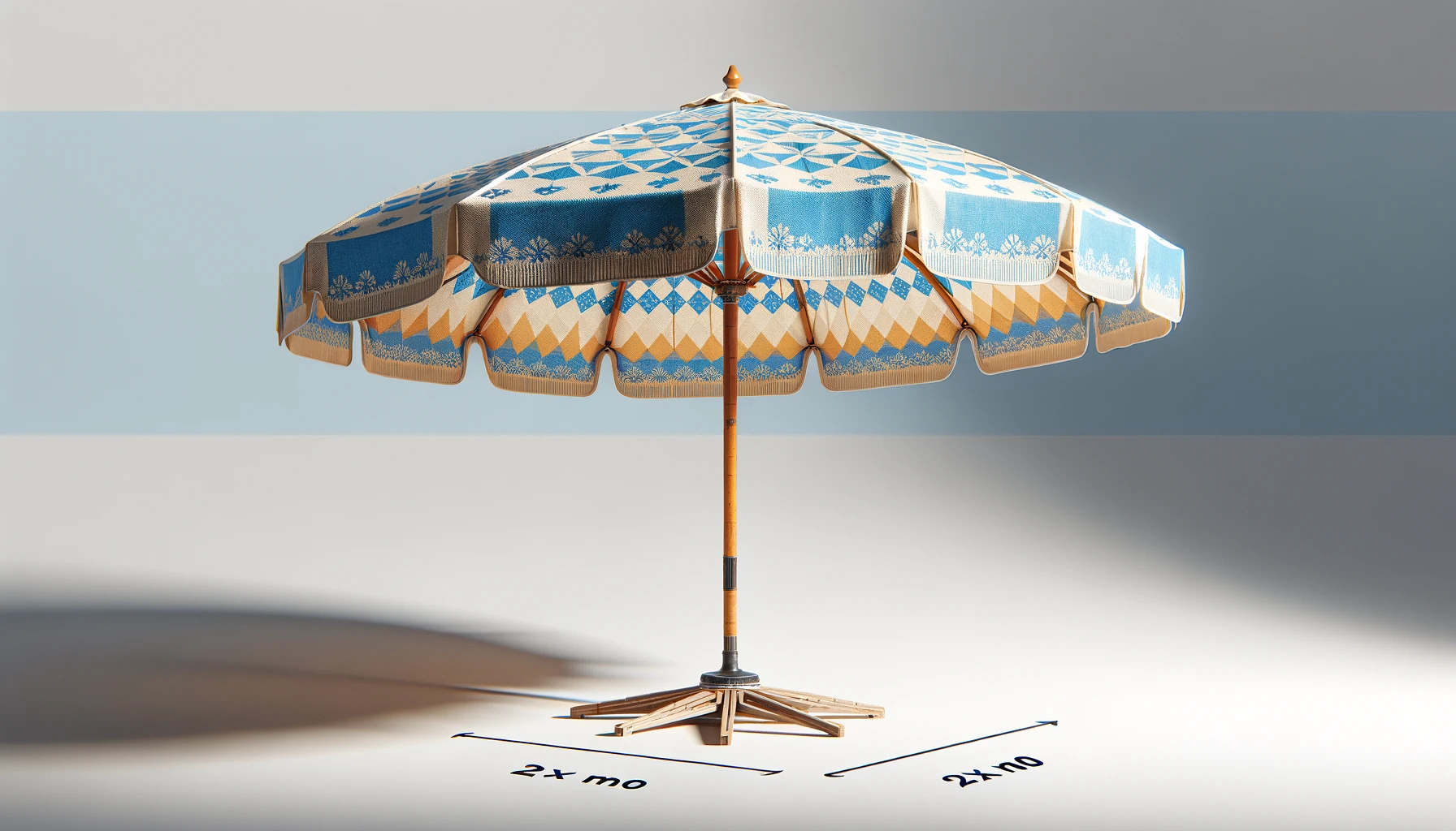 DALL·E-2024-02-27-15.47.55-Image-of-a-vintage-parasol-measuring-2x2-meters-with-a-frame-made-of-aluminum-that-imitates-wood-and-a-canopy-of-blue-and-white-fabric.-The-design-of-