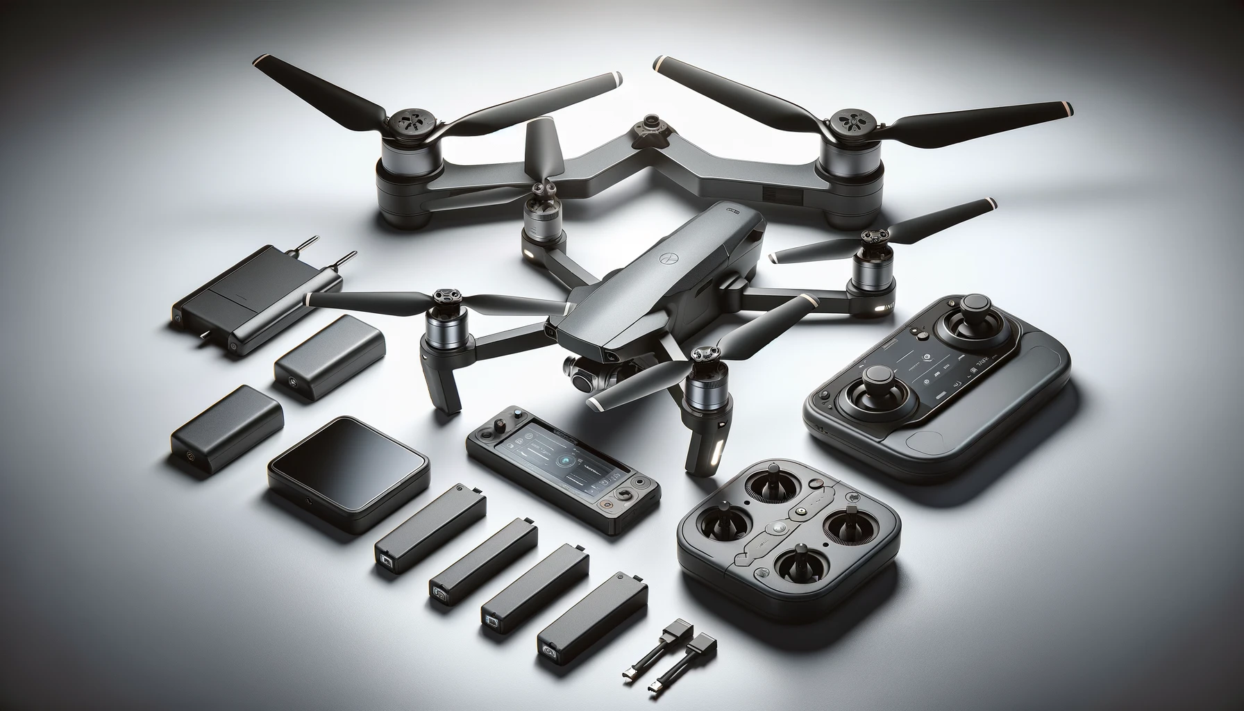 DALL·E-2024-02-27-17.32.03-A-detailed-image-of-a-modern-quadcopter-drone-with-a-sleek-high-tech-design-primarily-in-black-and-gray-colors.-The-drone-should-have-four-rotors-an