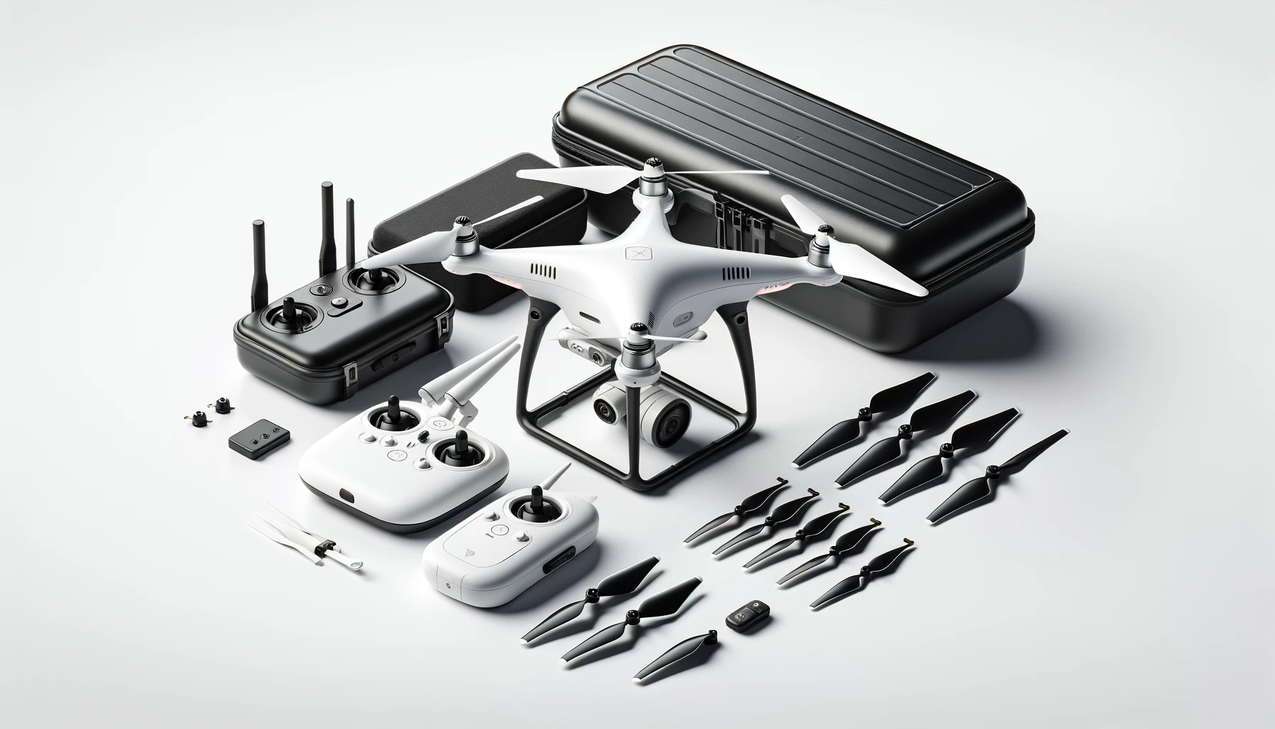 DALL·E-2024-02-27-17.41.00-A-composition-showcasing-a-white-drone-with-four-black-propellers-a-portable-storage-case-a-remote-control-with-buttons-and-joysticks-and-two-sets-