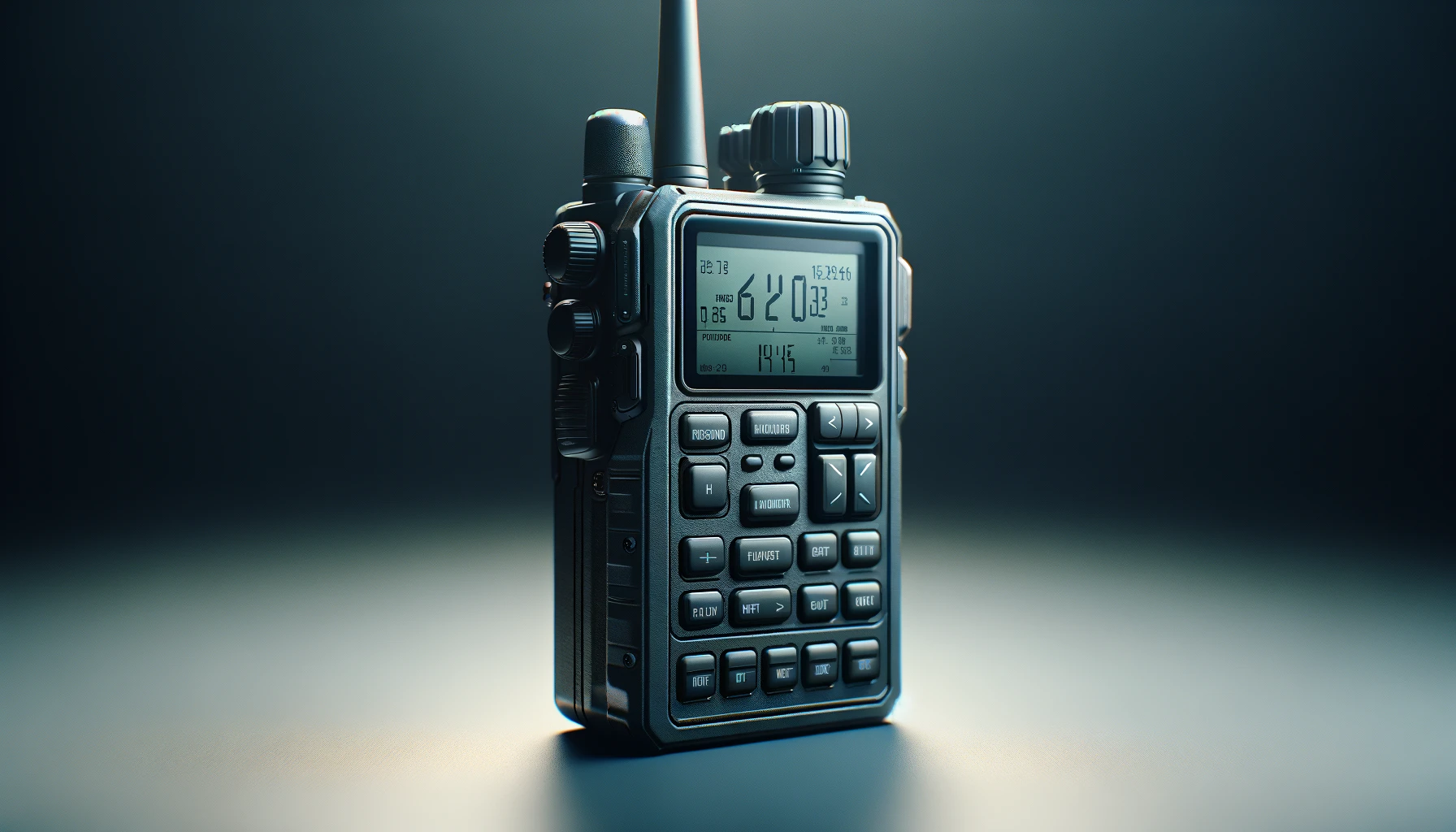 DALL·E-2024-02-28-10.24.14-An-image-of-a-modern-handheld-transceiver.-The-device-is-compact-with-a-robust-dark-grey-body-and-a-small-screen-showing-the-frequency.-It-has-a-few-