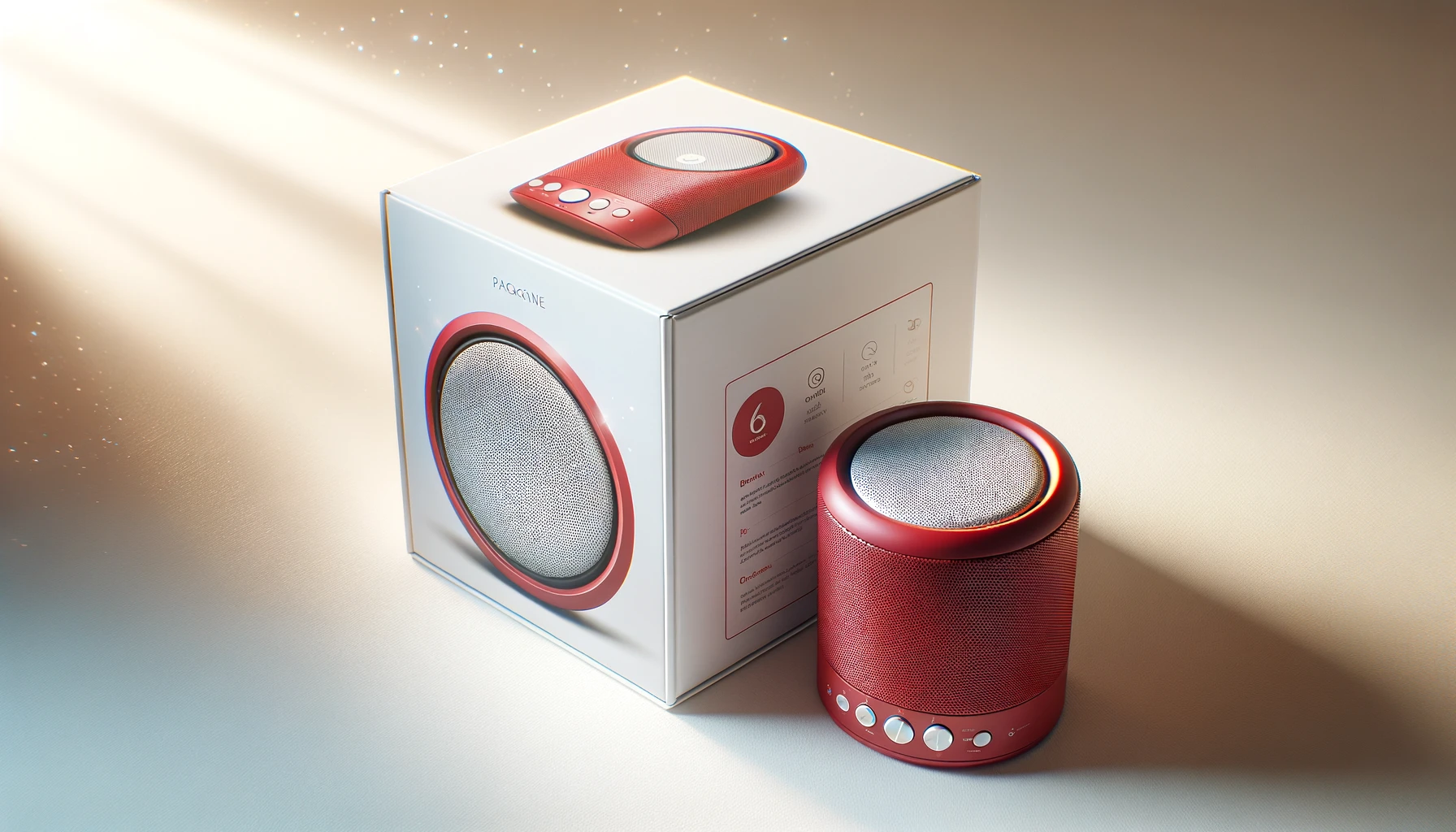 DALL·E-2024-02-28-10.43.03-An-image-of-a-vibrant-red-portable-wireless-speaker-next-to-a-small-package.-The-speaker-has-a-sleek-and-modern-design-with-a-prominent-circular-spea
