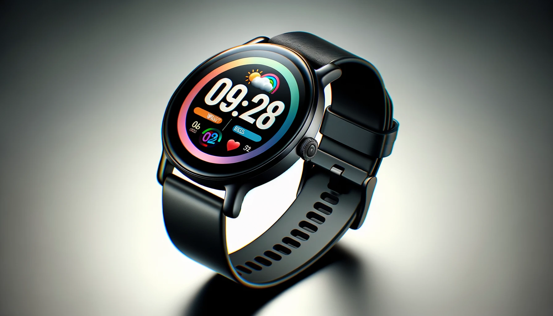 DALL·E-2024-02-28-12.01.49-A-realistic-image-of-a-smartwatch-with-a-black-strap-on-the-left-side-displaying-a-colorful-digital-watch-face.-The-watch-face-shows-the-time-as-09_2