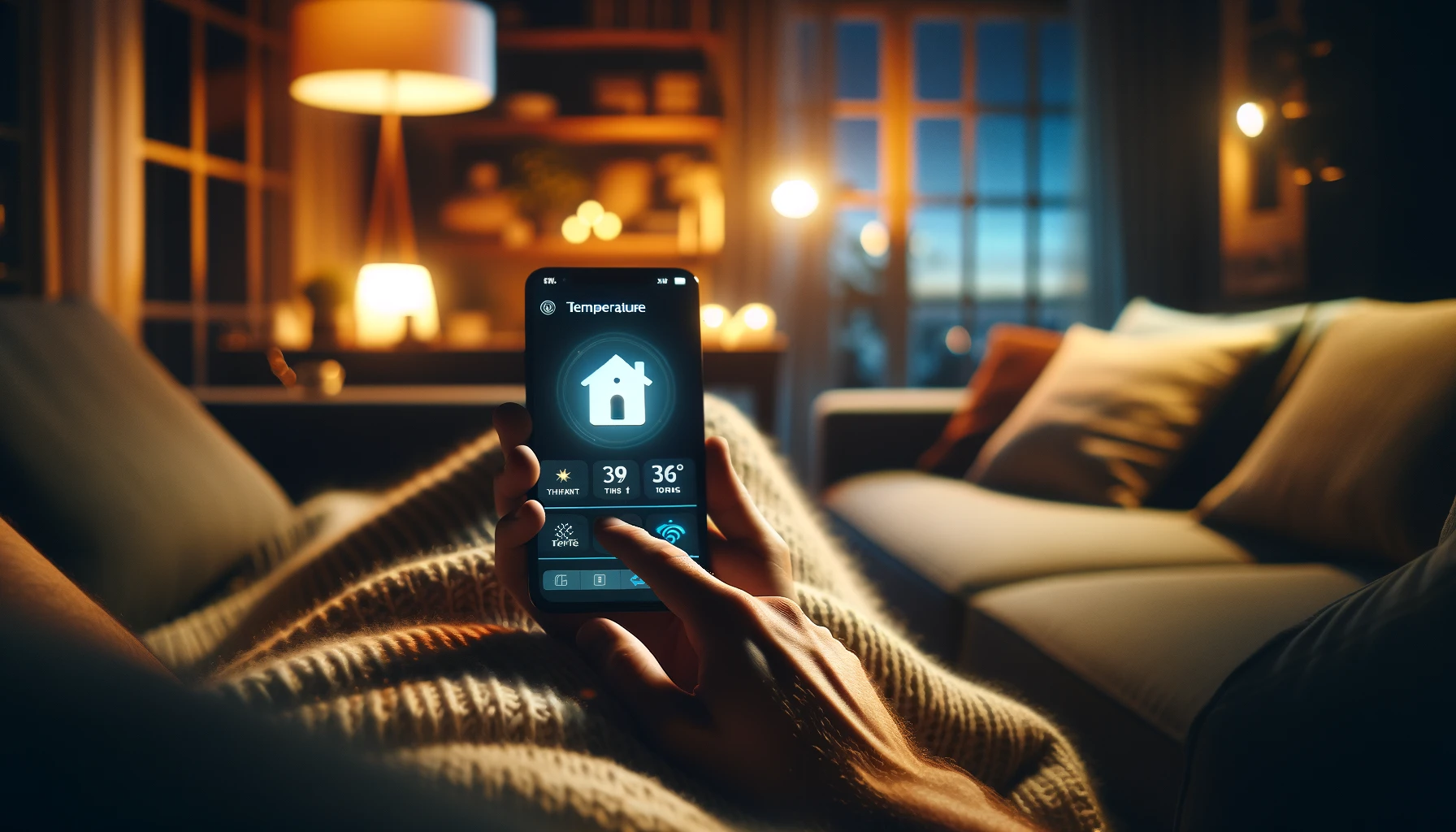 DALL·E-2024-02-28-13.30.20-A-cozy-evening-scene-in-a-living-room-with-dim-ambient-lighting.-In-the-foreground-theres-a-smartphone-held-in-a-persons-hand-the-screen-showing-a