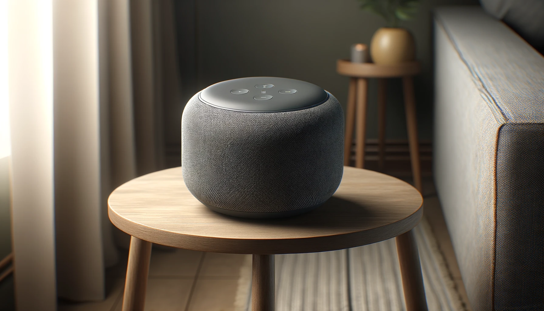 DALL·E-2024-02-28-13.37.22-A-contemporary-anthracite-colored-smart-speaker-with-a-round-compact-design-suitable-for-a-modern-living-space.-The-speaker-should-have-a-fabric-cov