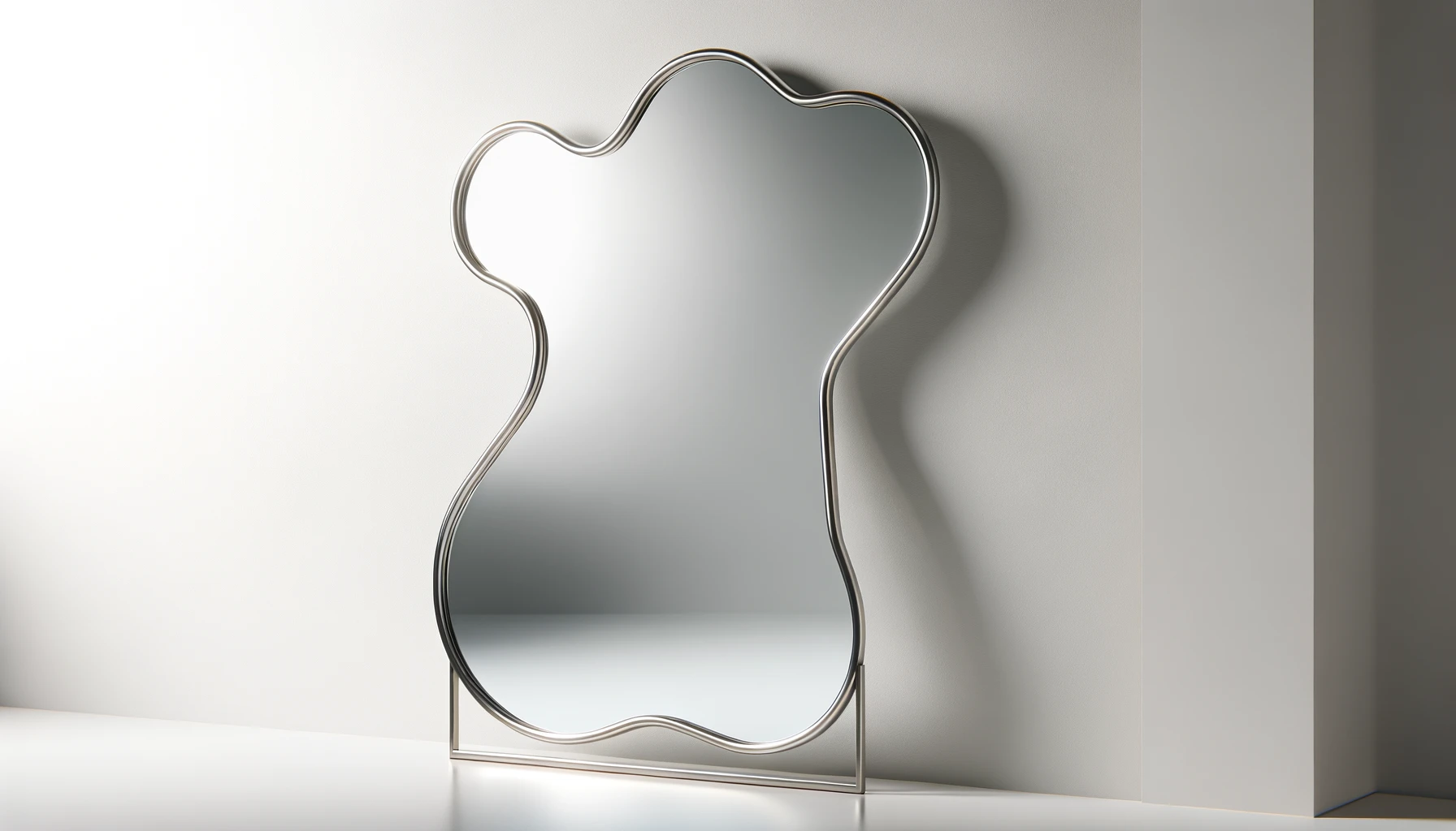 DALL·E-2024-02-28-15.05.00-Image-of-an-organic-shaped-mirror-with-a-silver-metal-frame-measuring-39x80-cm.-The-mirror-has-a-fluid-free-form-outline-that-gives-it-a-modern-and-