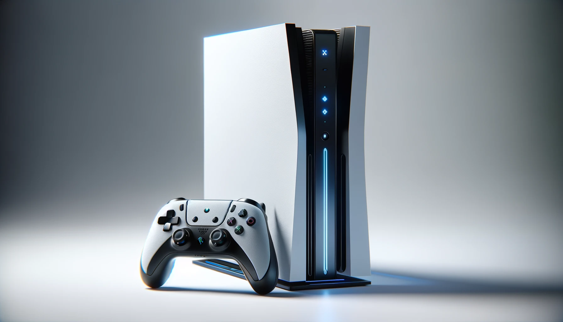 DALL·E-2024-02-28-15.11.47-An-advanced-gaming-console-next-to-its-controller-focusing-on-the-sleek-design.-The-console-is-upright-predominantly-white-with-black-accents.-It-ha