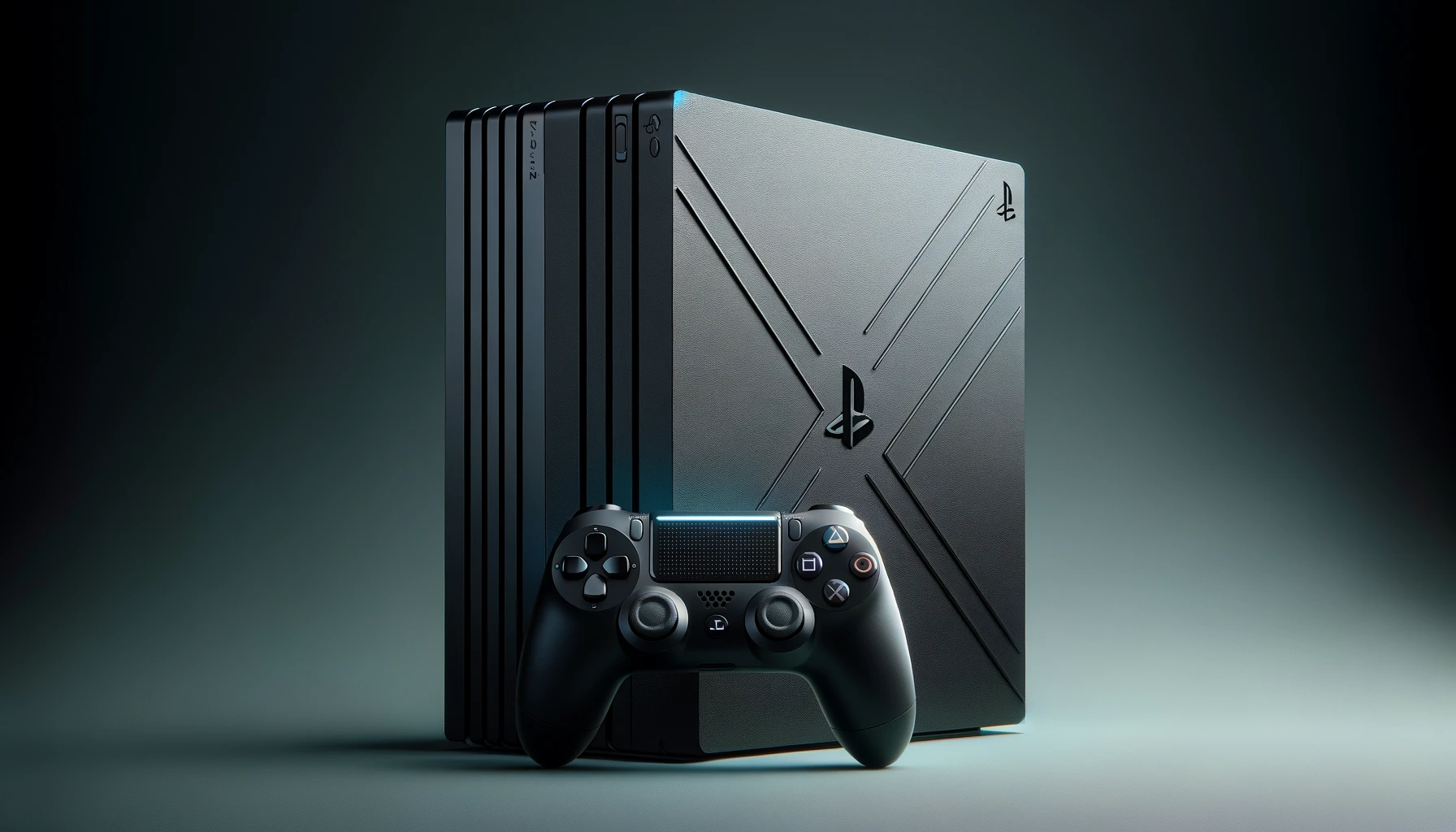 DALL·E-2024-02-28-15.17.34-Create-an-image-of-a-modern-gaming-console-with-a-vertical-orientation-predominantly-black-with-a-minimalistic-design-featuring-geometric-shapes.-Inc