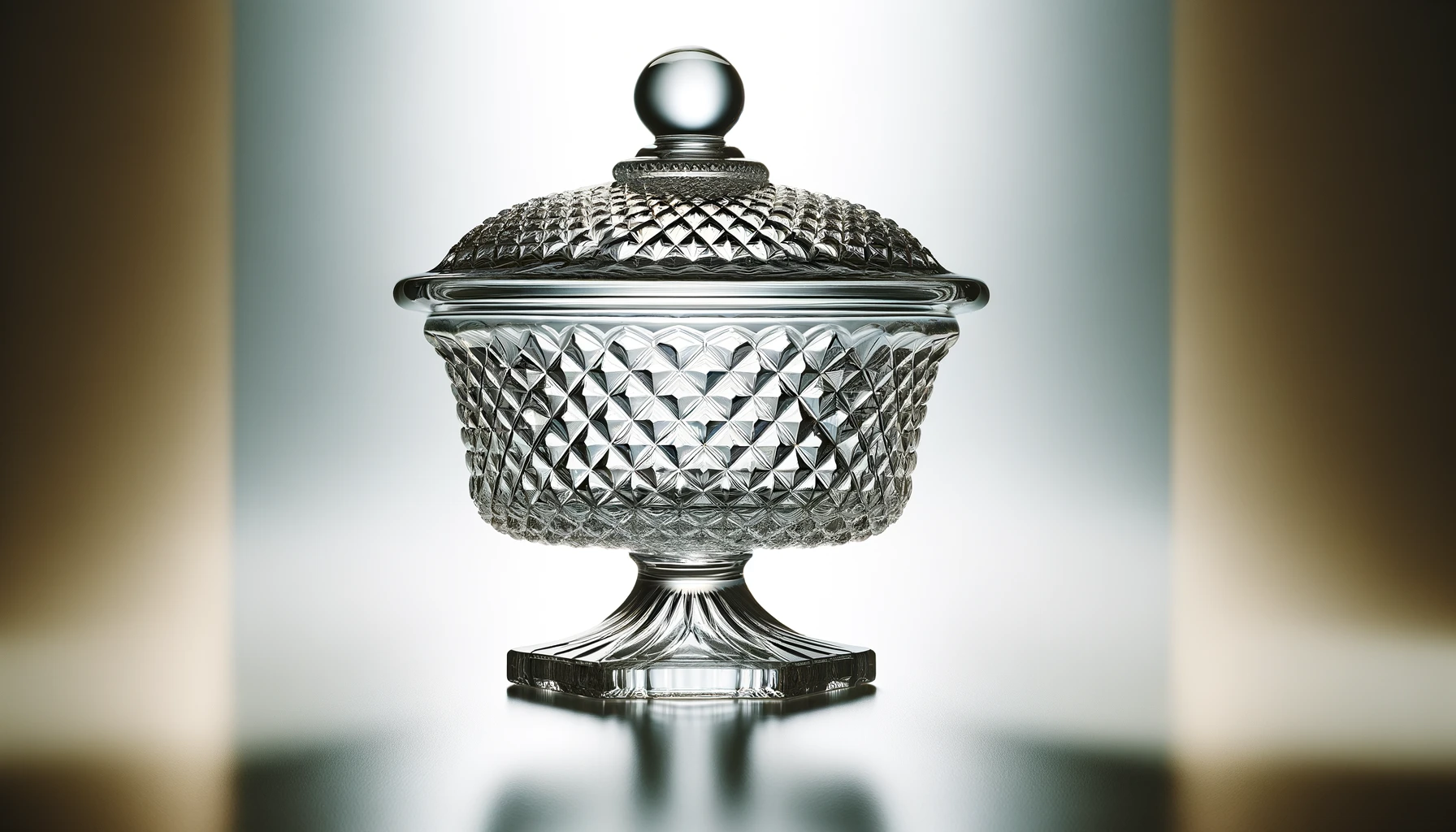 DALL·E-2024-02-28-15.28.25-Image-of-a-footed-glass-candy-dish-made-from-recycled-glass.-The-candy-dish-has-a-classic-design-with-diamond-patterns-and-a-spherical-lid-with-a-roun