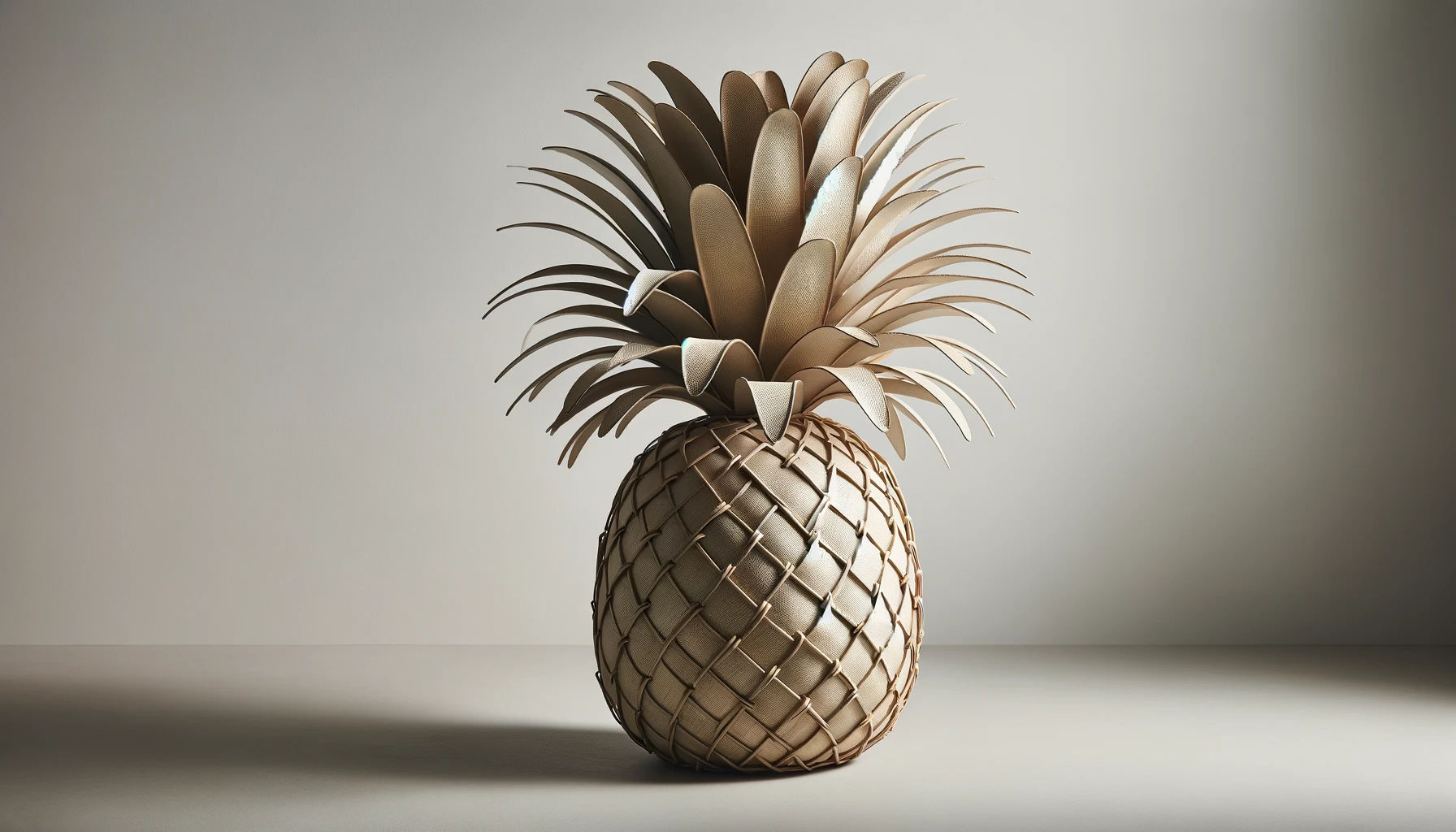 DALL·E-2024-02-28-15.41.32-Image-of-a-beige-pineapple-statue-made-of-metal-and-woven-paper-measuring-46-cm-in-height.-The-pineapple-has-a-textured-surface-that-replicates-the-d