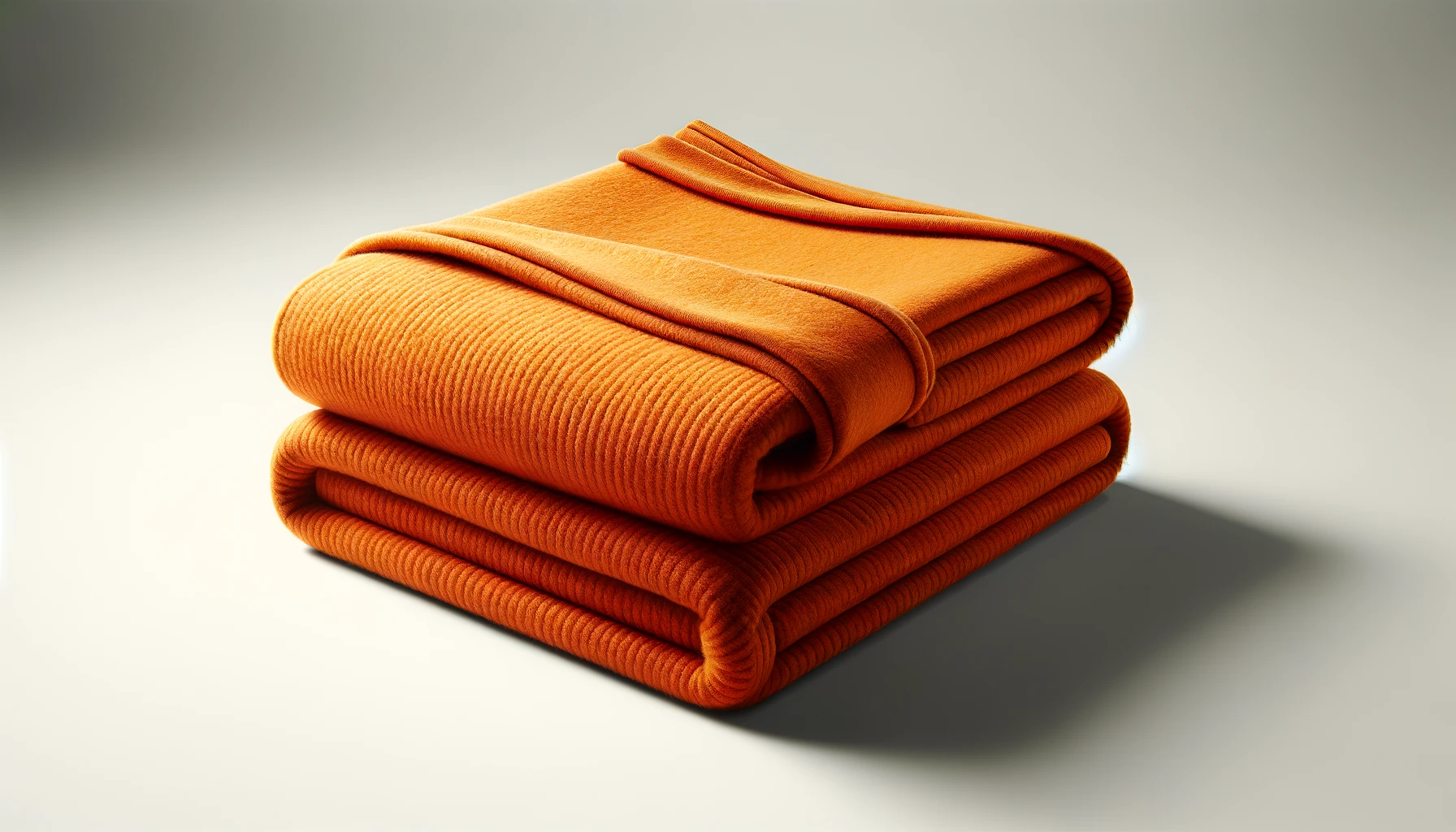 DALL·E-2024-02-28-16.04.33-Image-of-an-orange-flannel-blanket-made-from-recycled-polyester-measuring-230x150-cm.-The-blanket-is-neatly-folded-showcasing-the-plush-texture-and-
