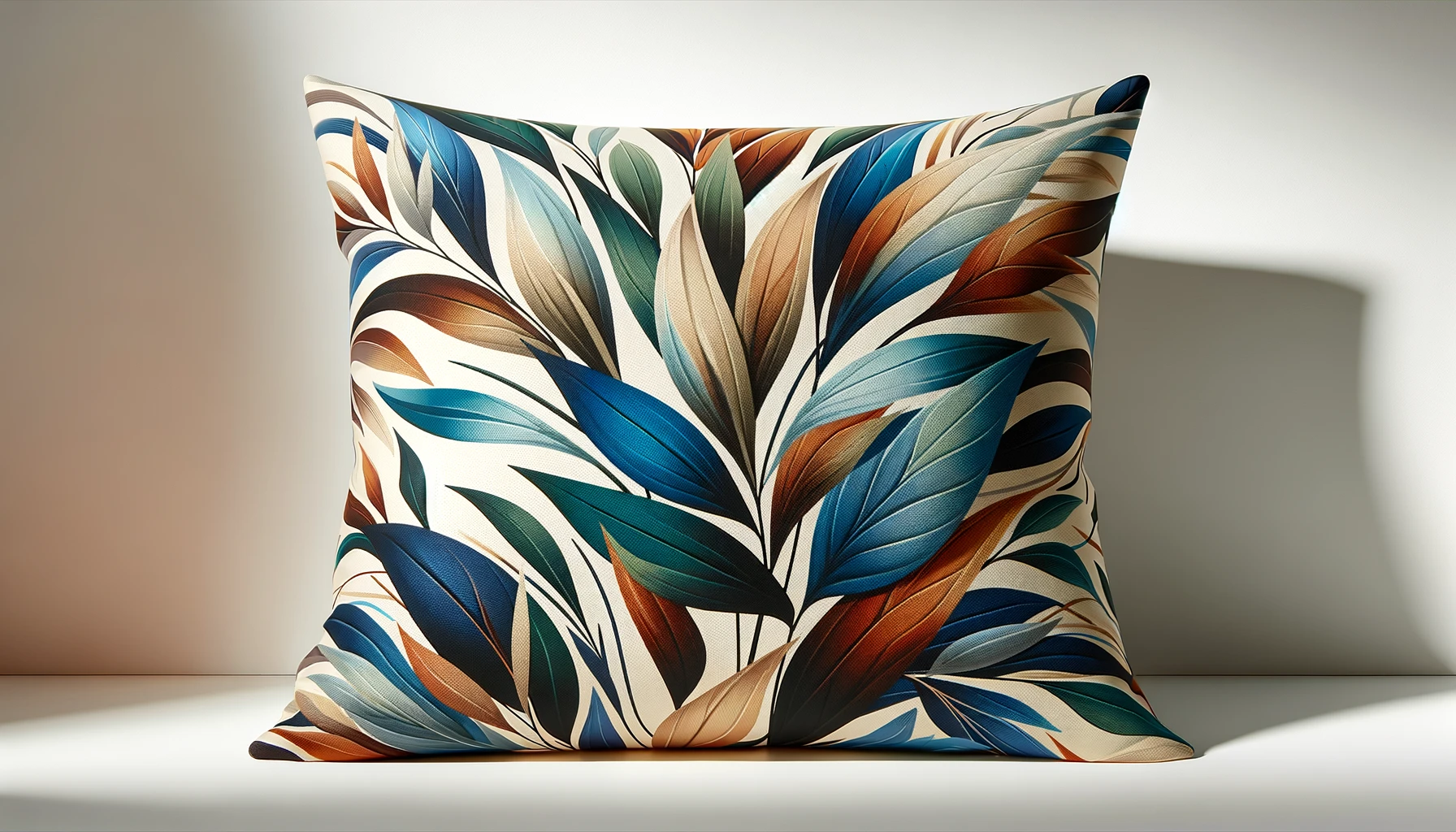 DALL·E-2024-02-28-16.13.37-Image-of-a-multicolored-foliage-print-garden-cushion-size-40x60-cm.-The-cushion-features-a-vibrant-and-artistic-leaf-pattern-in-shades-of-blue-brown