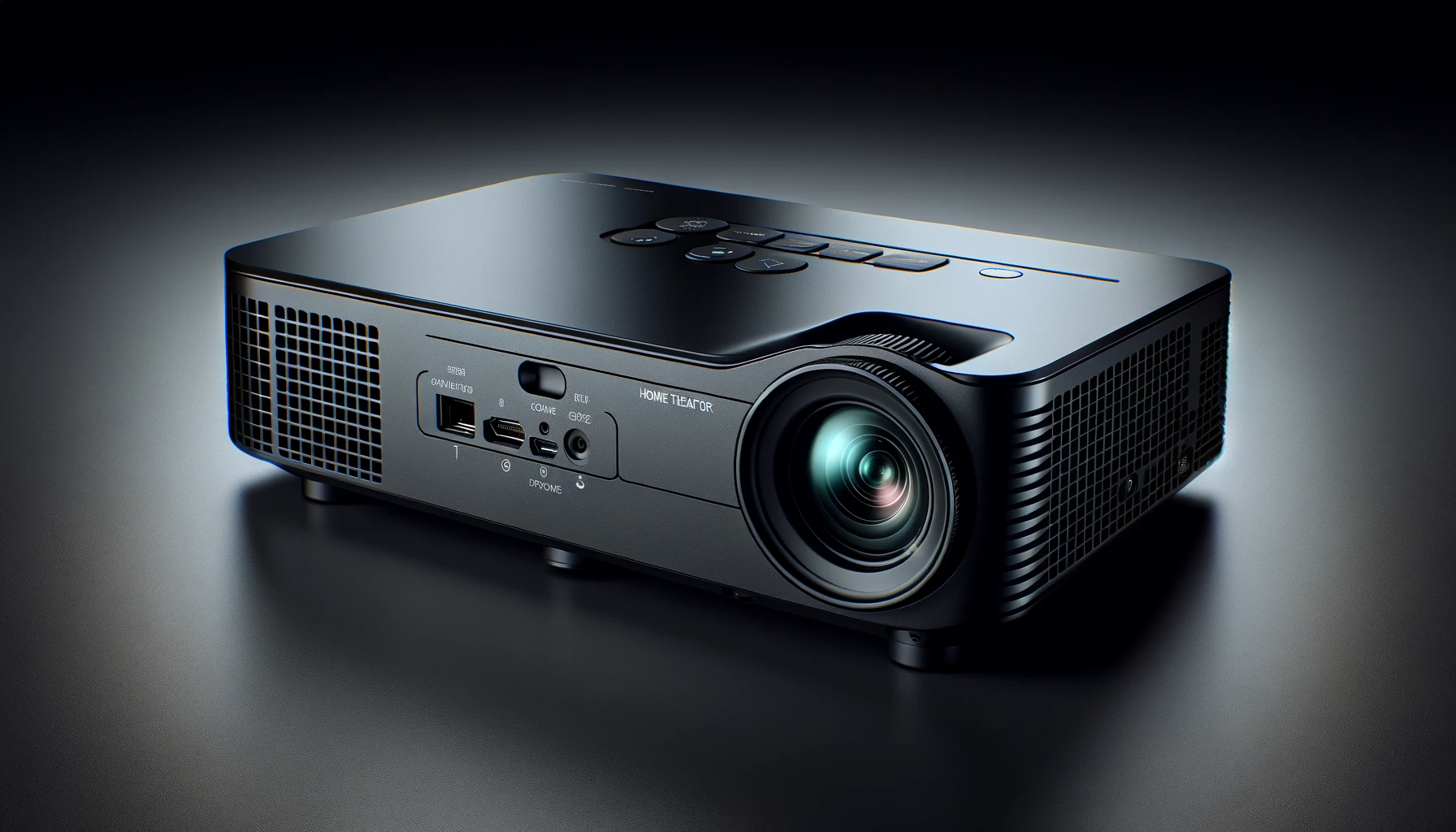 DALL·E-2024-02-28-22.25.10-A-modern-black-home-theater-projector-with-various-ports-and-buttons-visible-on-the-back-placed-on-a-simple-surface.-The-projector-has-a-prominent-le
