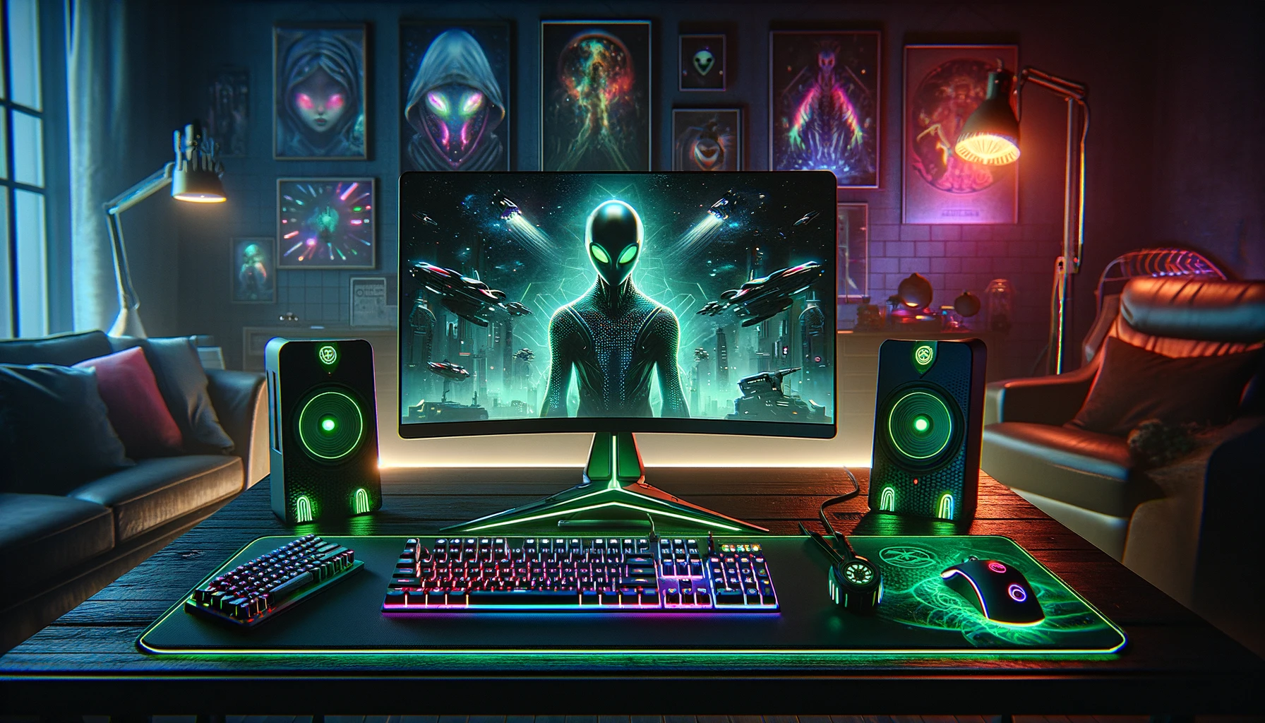 DALL·E-2024-02-29-10.22.54-A-digital-illustration-of-a-futuristic-gaming-setup.-The-scene-includes-a-desk-in-a-dimly-lit-room-illuminated-by-neon-lights.-On-the-desk-theres-a-