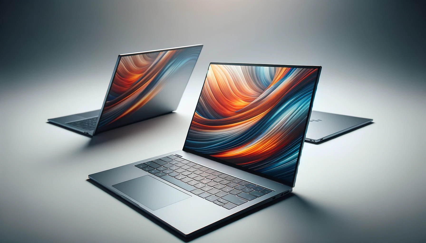 DALL·E-2024-02-29-10.28.35-A-series-of-three-high-resolution-photorealistic-3D-renders-of-a-modern-laptop-in-grey.-The-first-image-shows-the-laptop-in-a-side-view-revealing-it